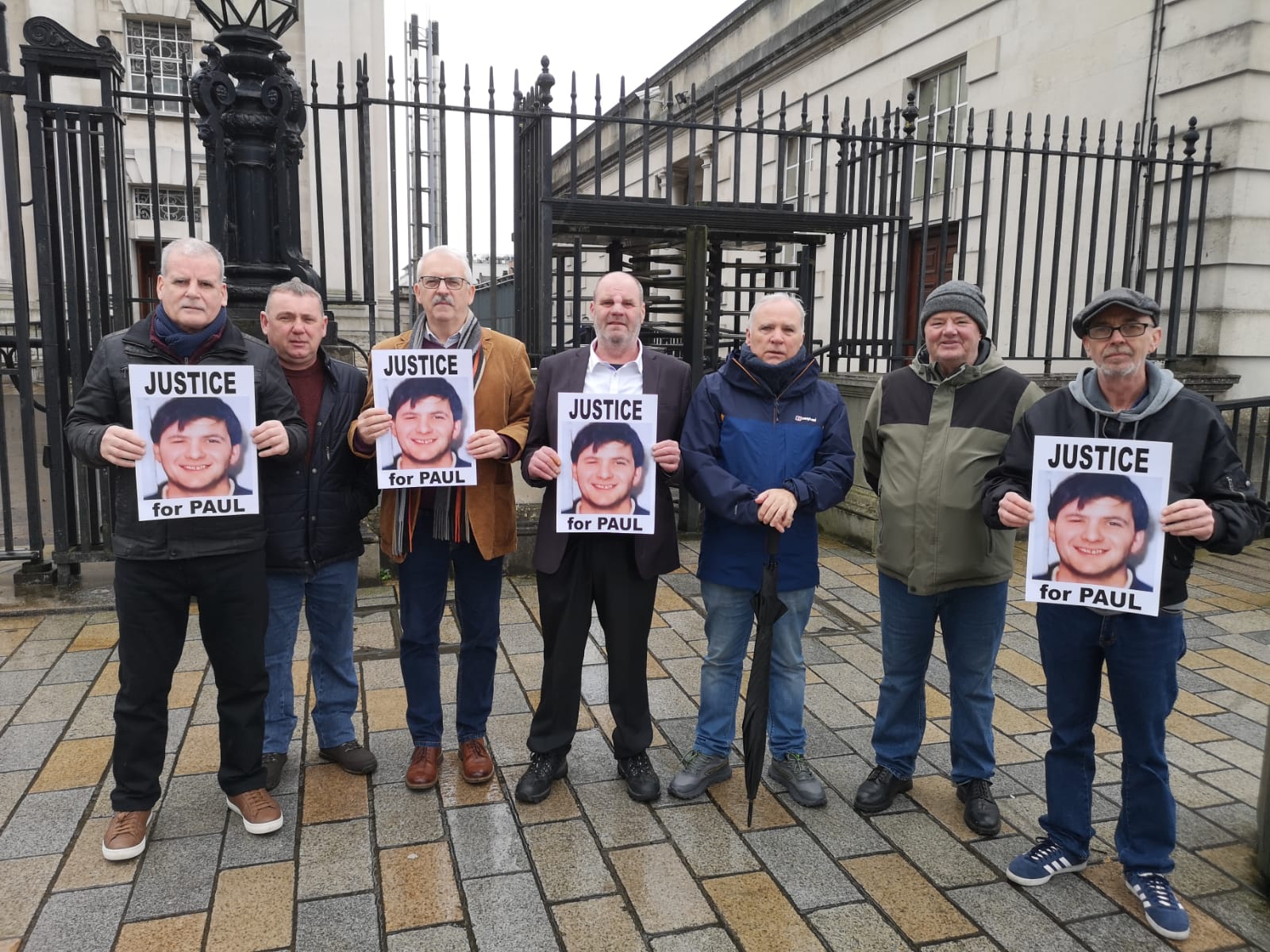 COURT: Friends and supporters of Paul Thompson gathered outside court on Wednesday morning. (L-R) Gerard Kelly, Martin Doherty, Tommy Holland, Paul\'s brother Eugene Thompson, Pat Hall, Sean Vallely and Micky Russell