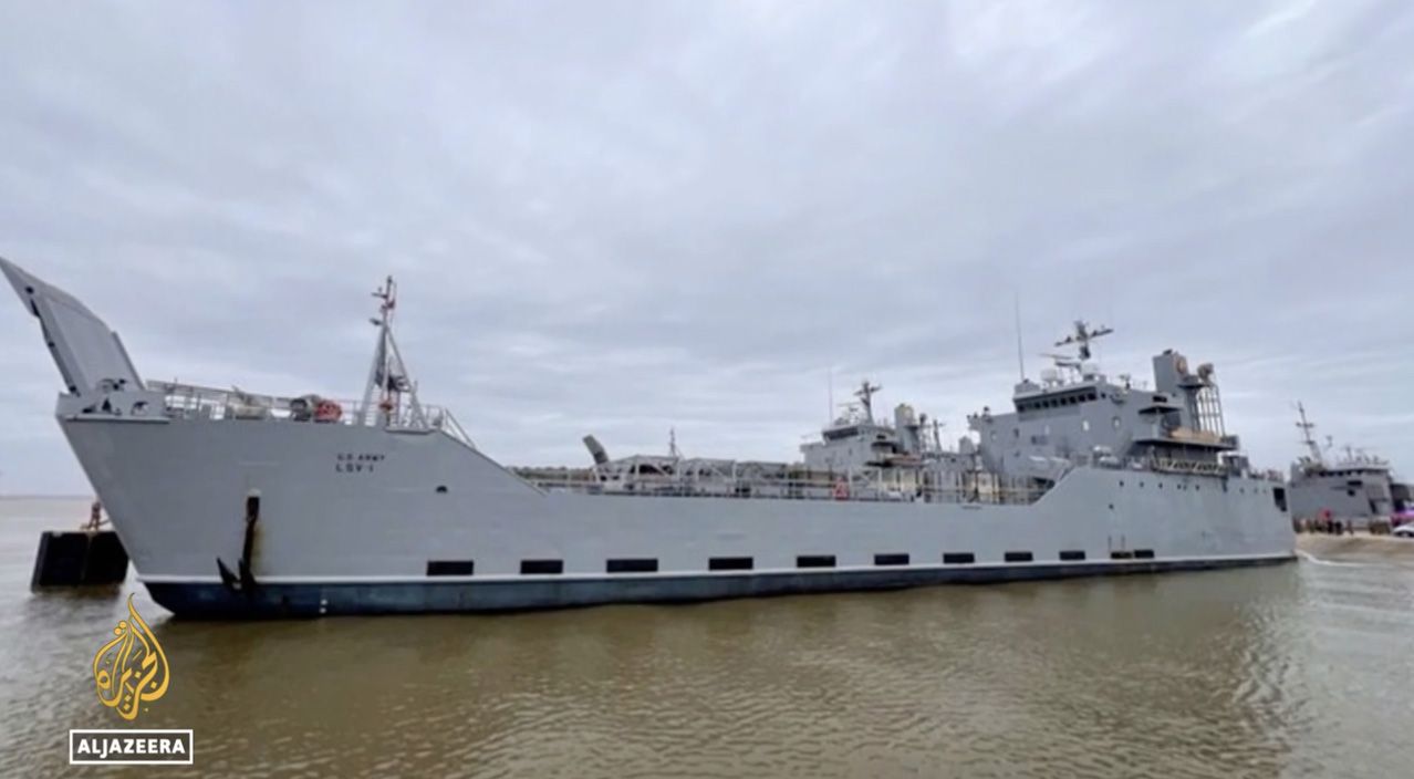 SLOW BOAT TO GAZA: The logistics ship, USS Frank S. Besson Jnr, prepares to set sail from Virginia bringing the equipment necessary to build a pier for the landing of humanitarian aid