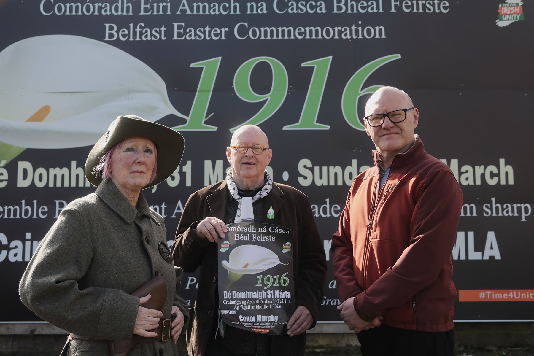 EASTER: Roseleen Walsh as Winifred Carney, Joe Austin, Chairperson of the National Graves Association and Paul Maskey MP 