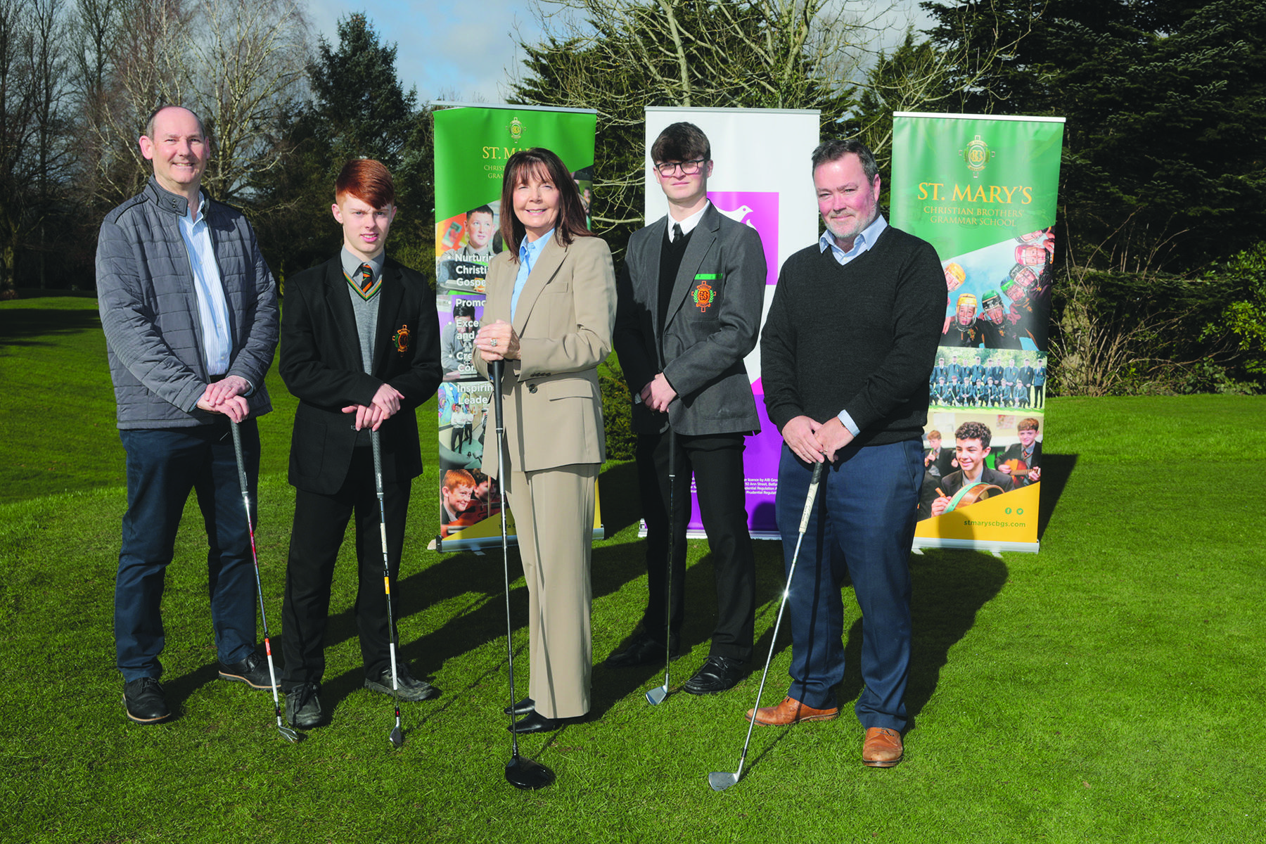 St Mary\'s CBGS Principal Siobhan Kelly with pupils Eoin Burrows and Fionn Dobbin were joined by AIB\'S Charlie McStravick and Paul Doyle for the launch of the St Mary\'s CBGS Golf Classic at Balmoral Golf Club, set to be held on Friday, May 10