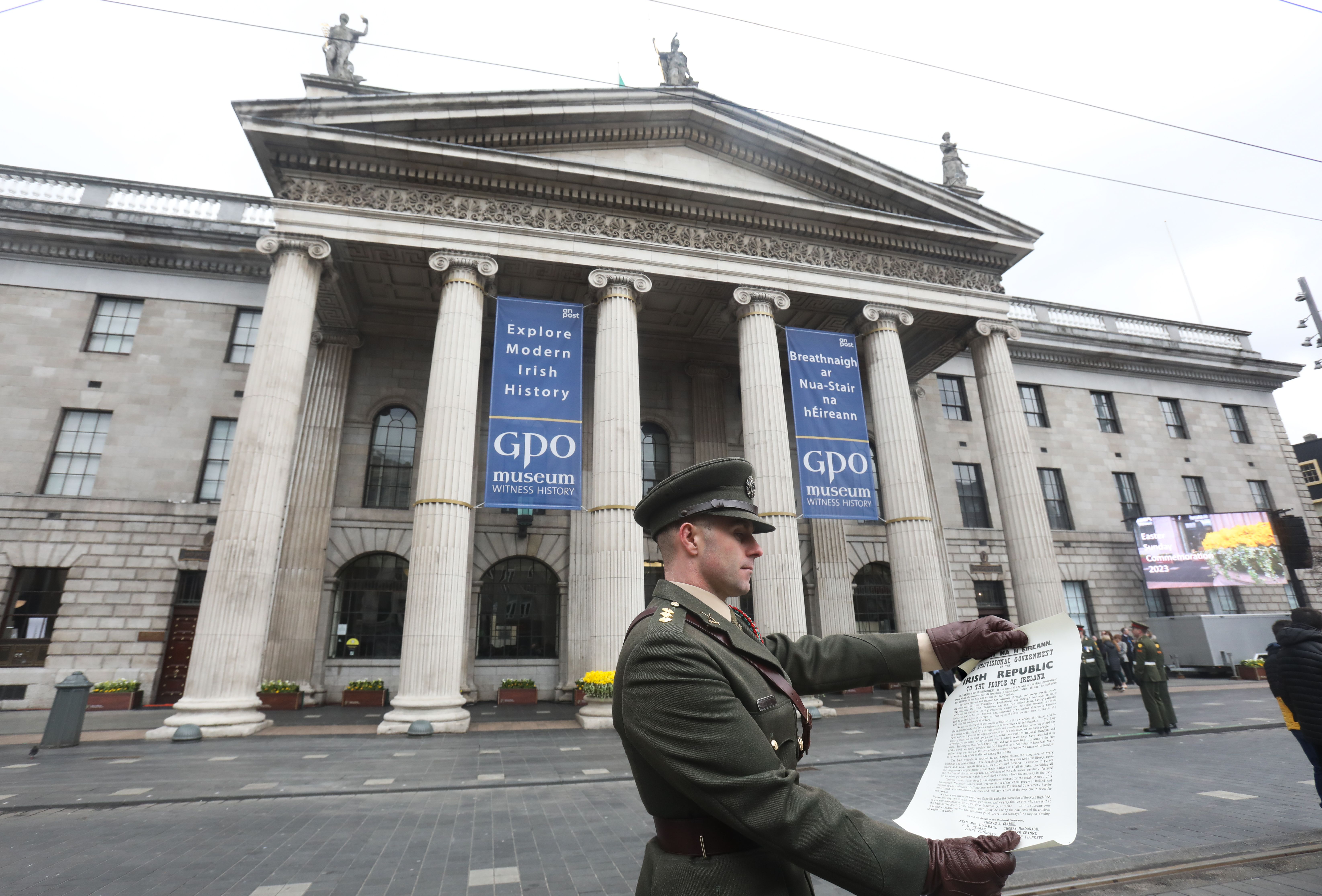 EASTER: Captain Austin Doyle reading the Proclamation of Independence outside the GPO last year