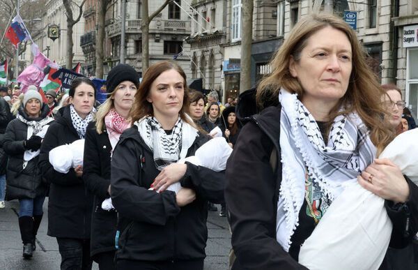 SOLIDARITY: Women carrying symbolic dead children at a demonstration in support of Palestine in Dublin city centre in February