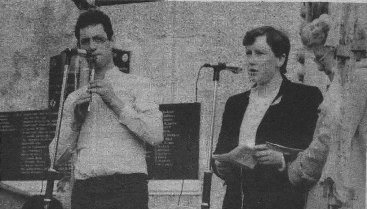 TRIBUTES: Martina McCloskey read out the list of dead from the three parishes of Holy Cross, Sacred heart and St Vincent’s at the Easter Commemoration in Ardoyne in April 1983