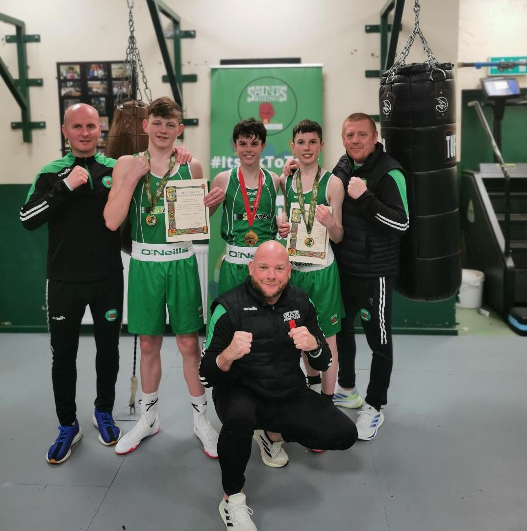 Left to right: Coach, Paul Allsopp; boxers Corey Connors, Noah Bacon and Kane Bacon, with coach Harry Cunningham and (below centre) coach Charlie O\'Halloran
