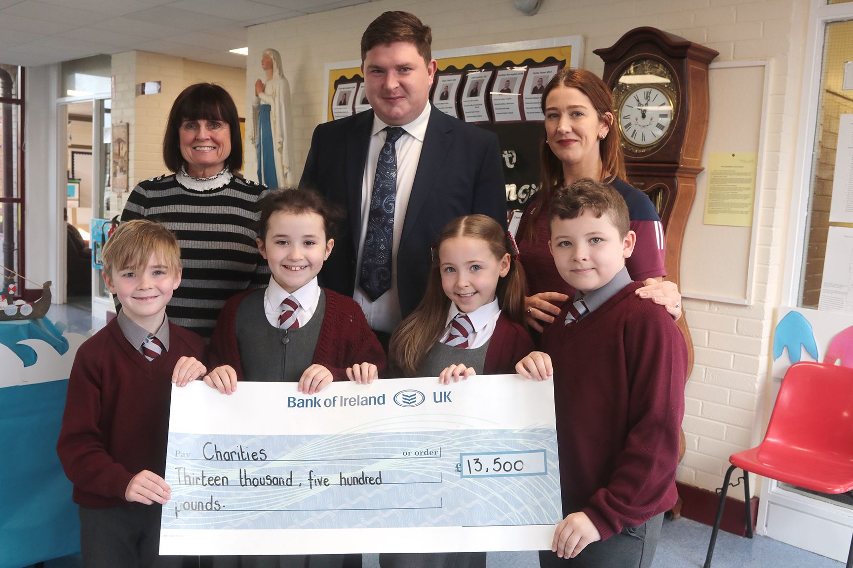 CHARITY SUPPORT: Principal Fiona Boyd, Michael McSweeney and Ellen Carabine with pupils Fionn, Eve, Clara and Kai