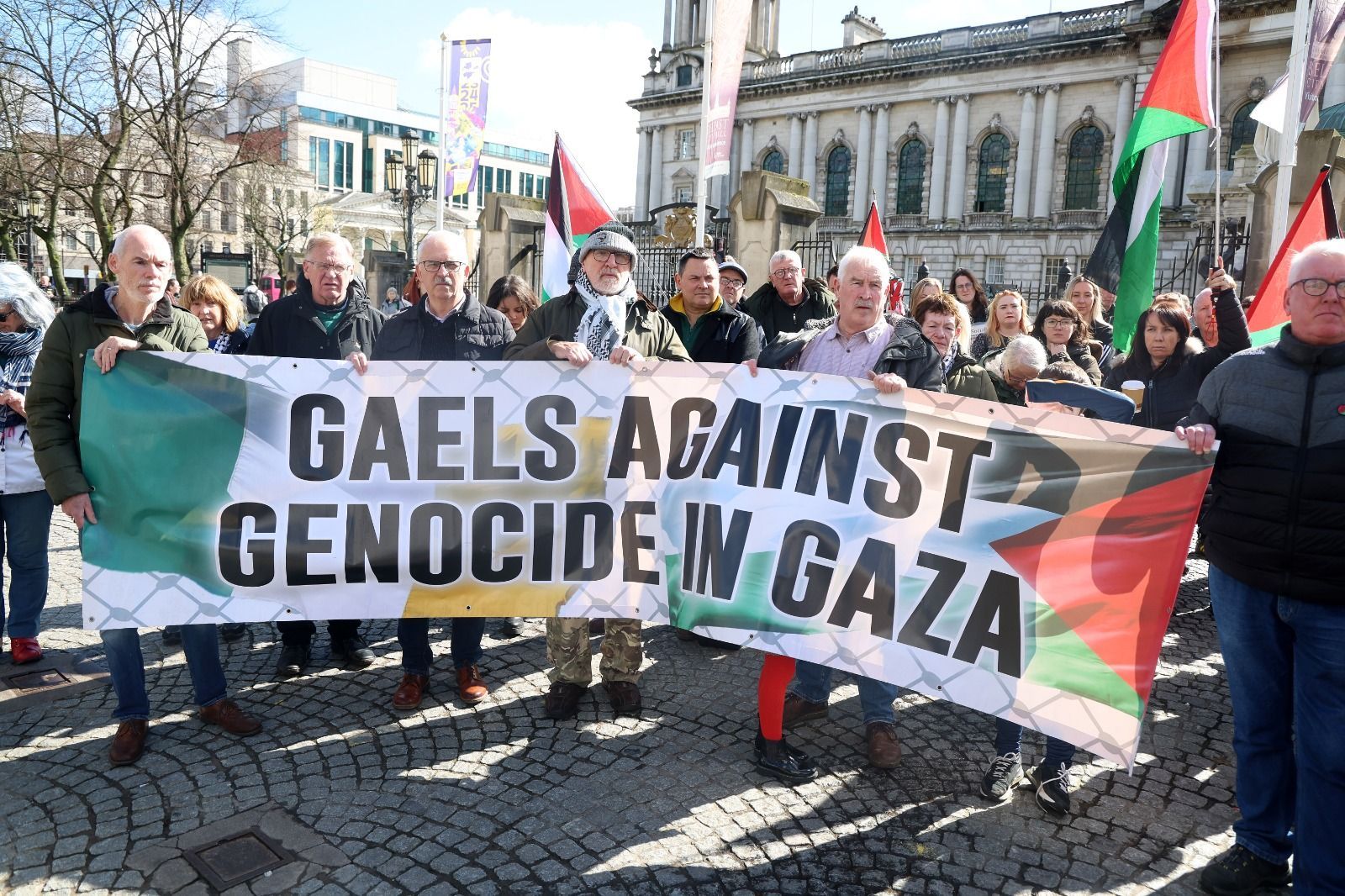 SUPPORT: Gaels Against Genocide in Gaza outside Belfast City Hall