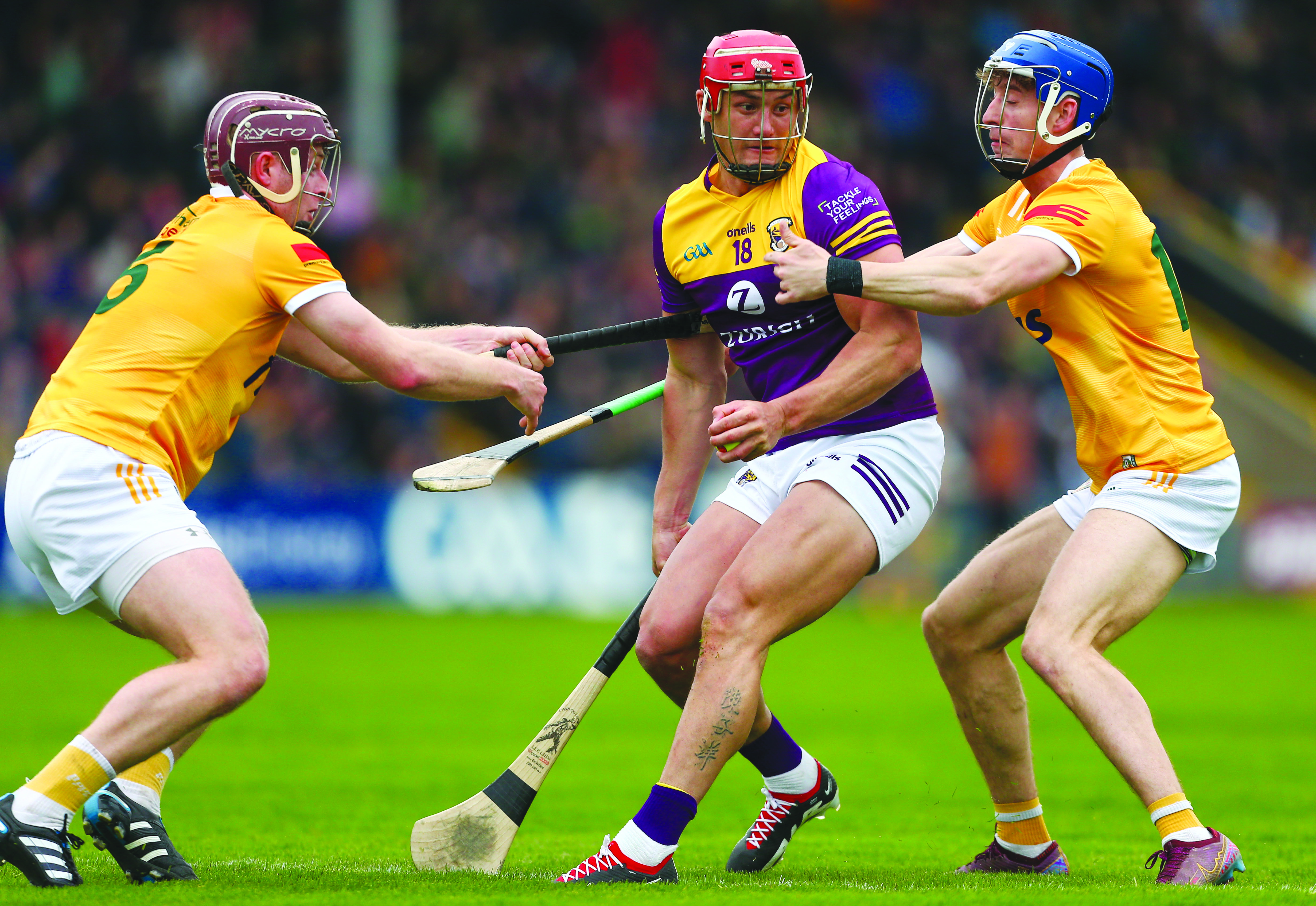 Lee Chin is challenged by Eoghan Campbell and James McNaughton during Wexford’s win over Antrim last year