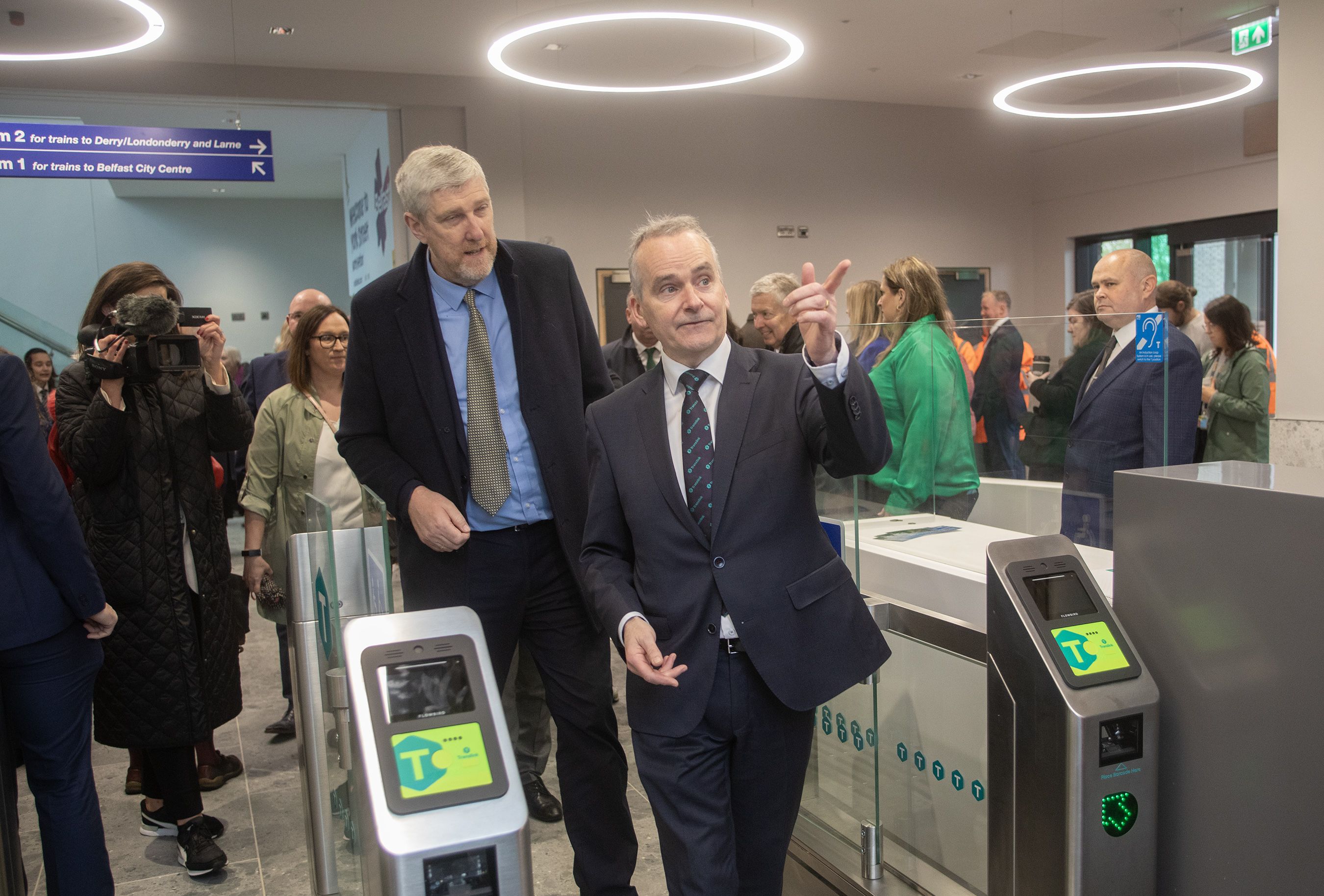 OFFICIAL OPENING: Infrastructure Minister John O\'Dowd is shown around the new York Street train station by Chris Conway, Chief Executive of Translink
