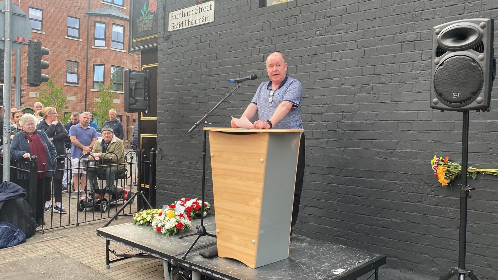 POWERFUL WORDS: Paul Doherty, whose father Jim was killed in the Rose and Crown bomb, speaking at the commemoration