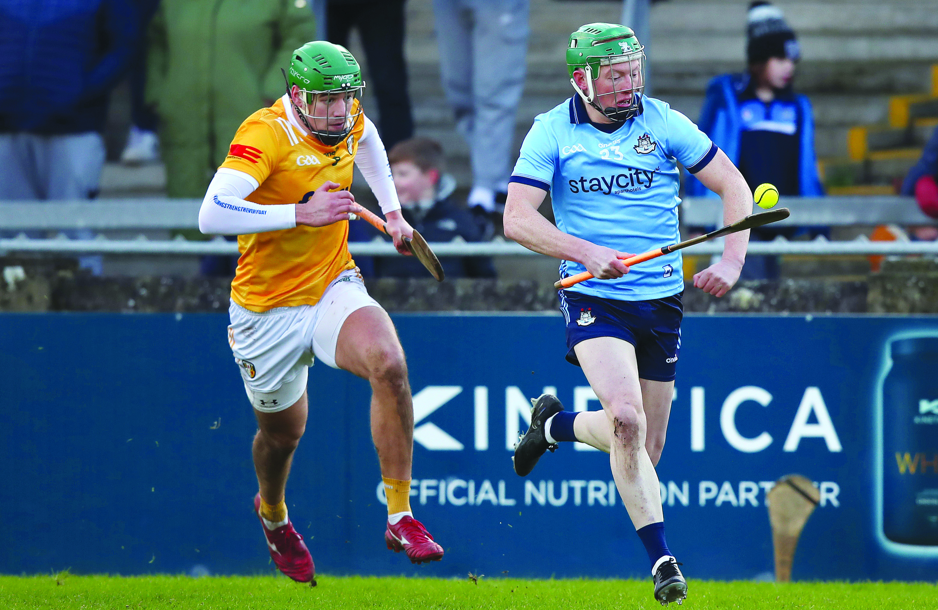 Fergal Whitely steals a march on Conal Bohill during Dublin’s win over Antrim at Parnell Park in January. The Saffrons will be keen to turn the tables at the same venue on Saturday