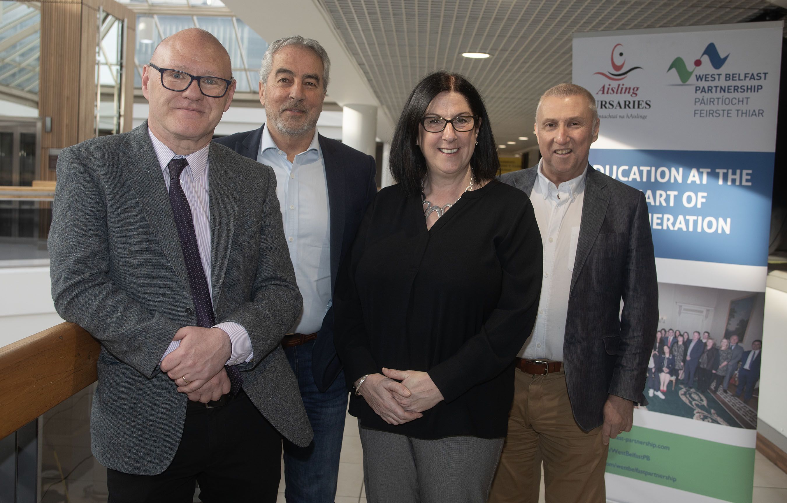 AISLING BURSARIES LAUNCH: Paul Maskey MP, Pat Sheehan MLA, Angie Mervyn (West Belfast Partnership Board) and Dougie Cusin (Department of Education)
