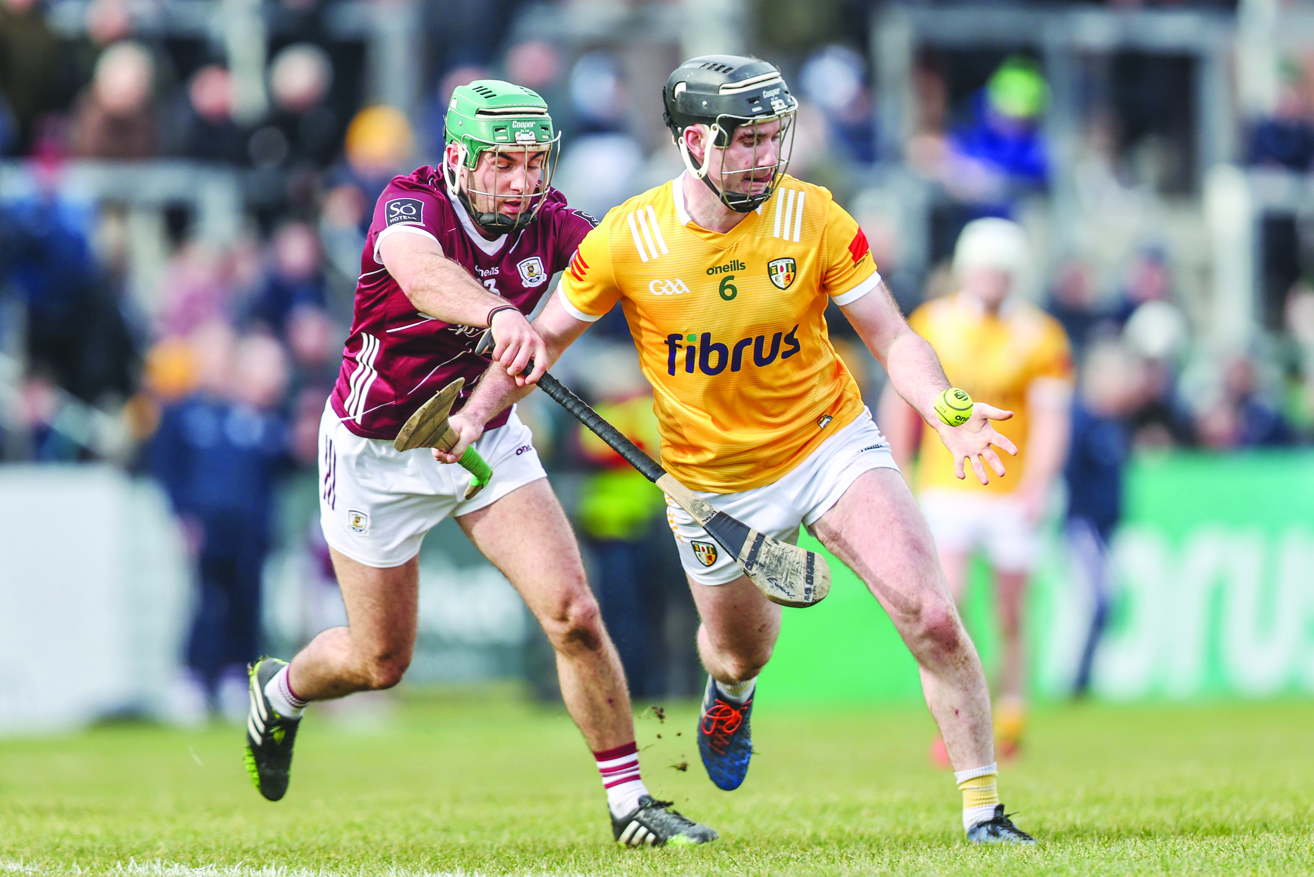 Ryan McGarry is challenged by sharpshooter Evan Niland during Galway’s big win over Antrim in the League back in February