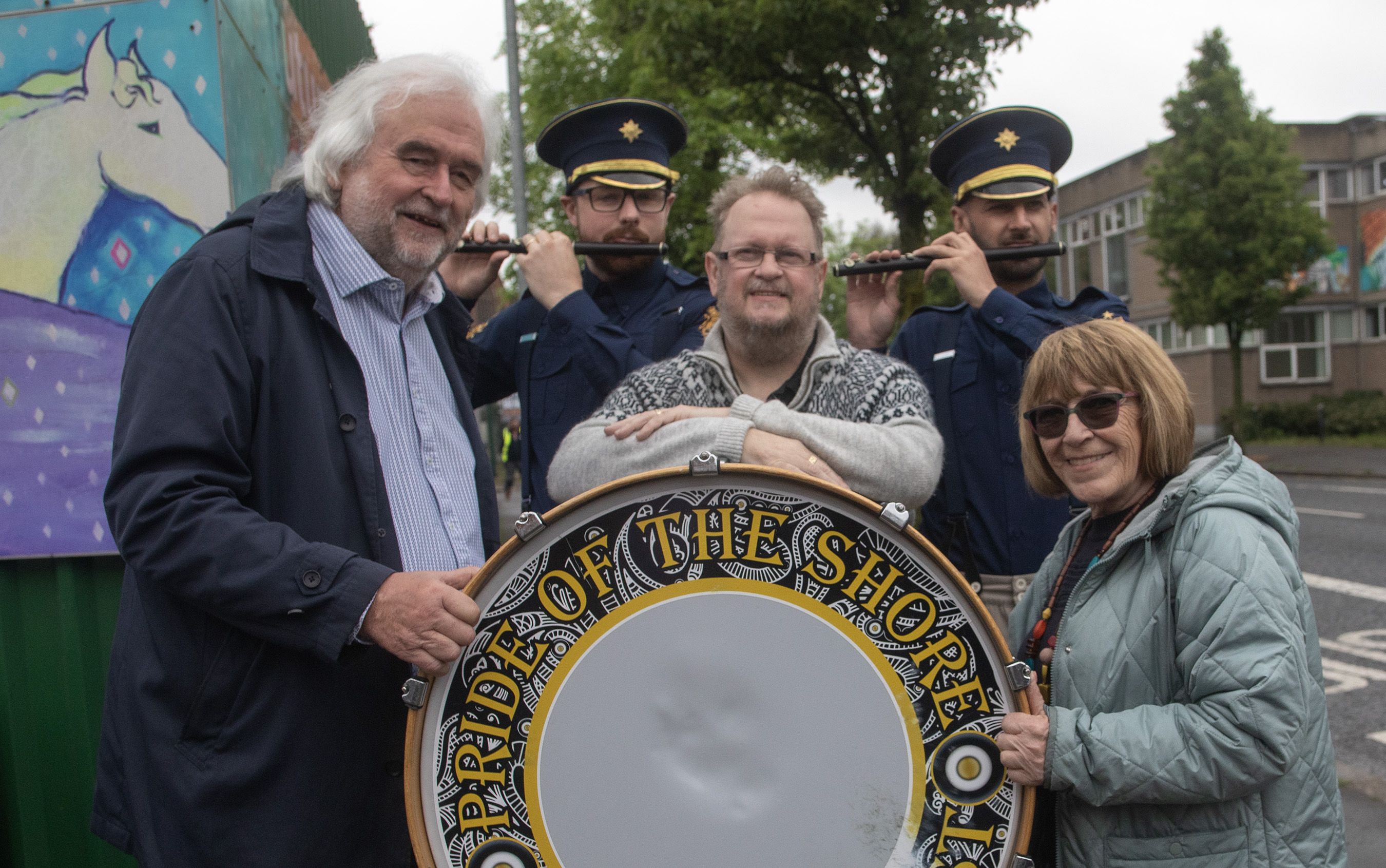 LAUNCH: Ivan Little and Marie Jones with writer Gary Mitchell and Pride of the Shore bandsmen Joe McClean and Glen O\'Connor