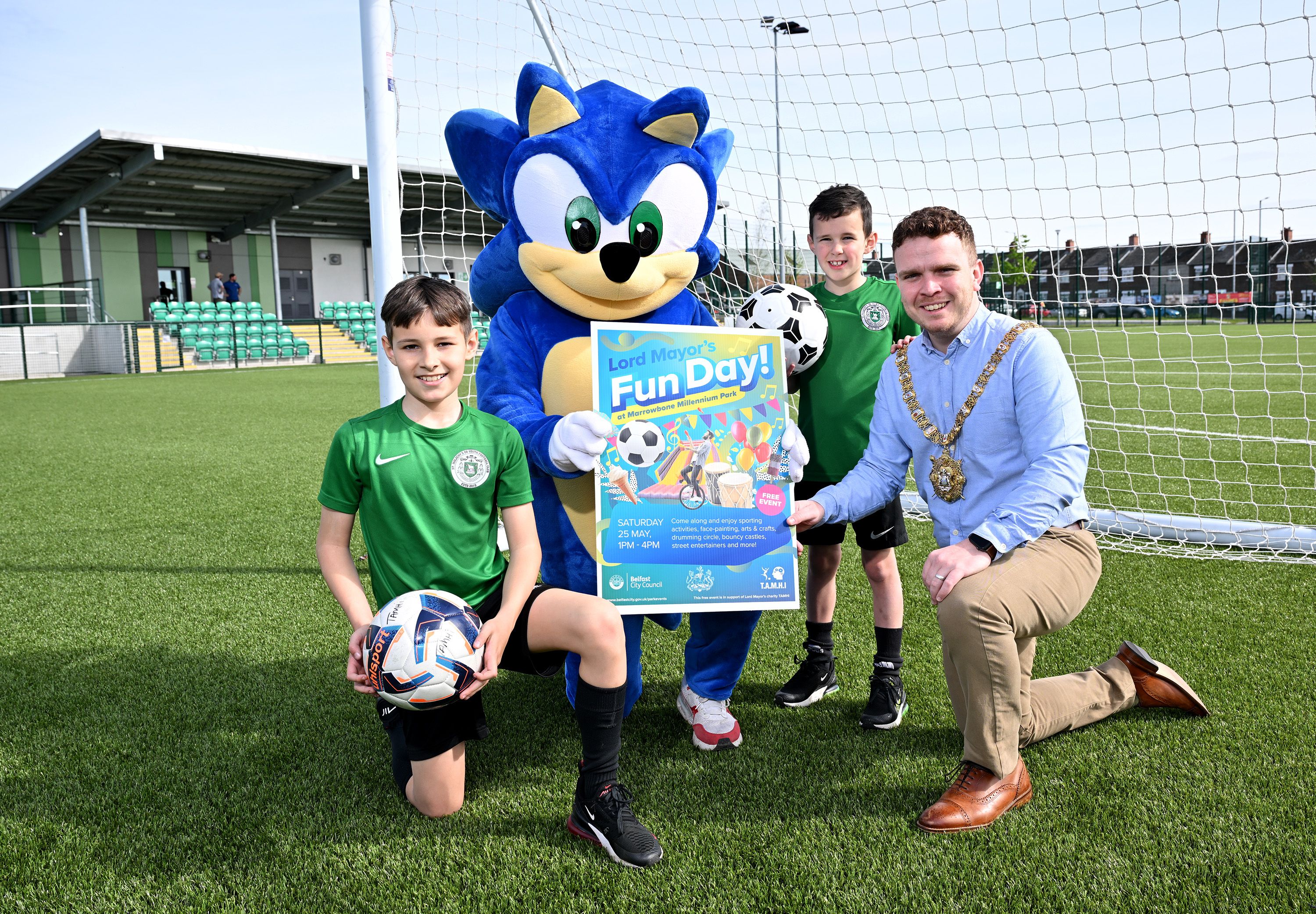 FUN DAY: Lord Mayor, Councillor Ryan Murphy joins Ruairi and Fionn Meehan and Sonic the Hedgehog ahead of a fun day and football tournament event at Marrowbone Millennium Park this Saturday