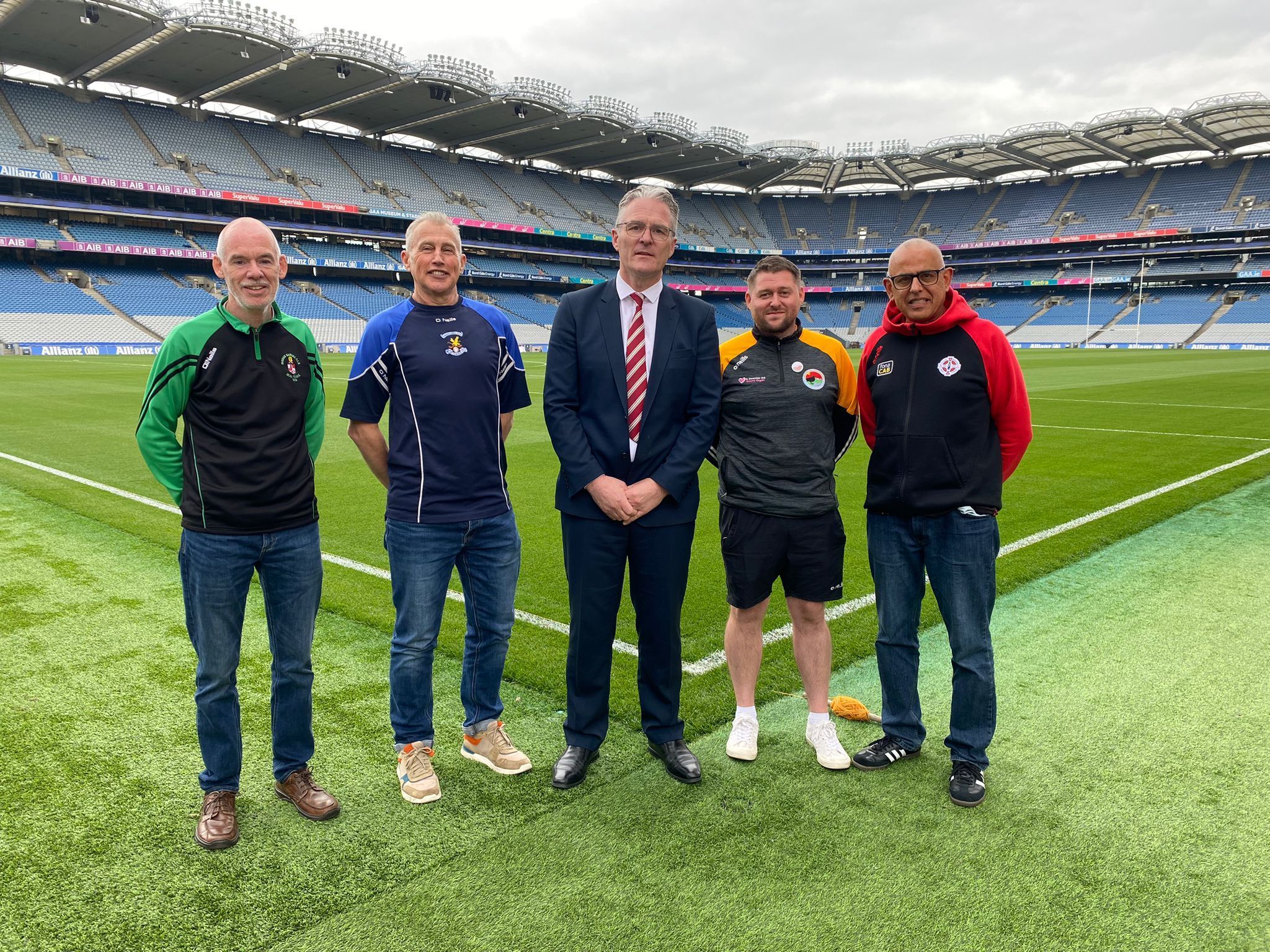MEETING: Michael Doherty (Padraig Sairseil CLG), Paul Collins (Naomh Eoin), Brian Mac An tSionnaigh (Laochra Loch Lao) and Glen Phillips (Naomh Pol CLG) with GAA President Jarlath Burns at Croke Park earlier this month