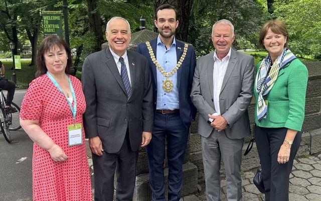 NEW YORK-NEW BELFAST PARTNERSHIP: Andrea Haughian, VP for the Americas at Invest NI, Comptroller Tom DiNapoli, Lord Mayor Micky Murray, CEO of Belfast City Council John Walsh and Alison Metcalfe, Head of Tourism Ireland in North America