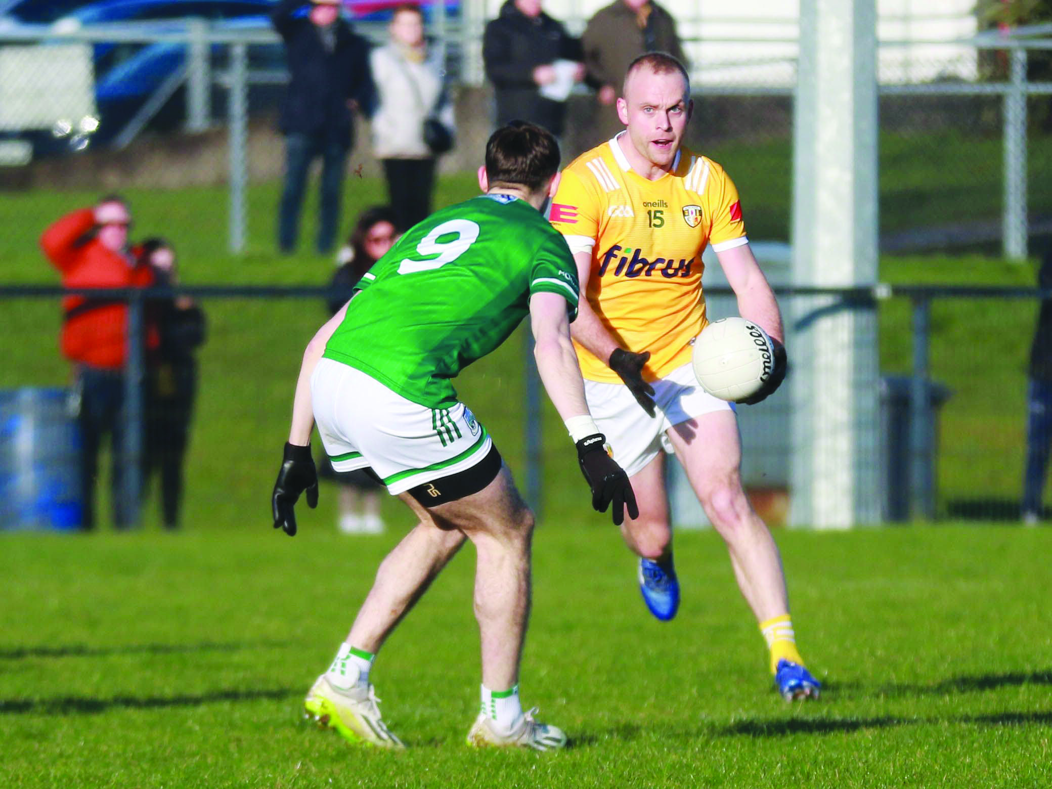 Marc Jordan goes on the attack during Antrim’s defeat to Fermanagh in the Dr McKenna Cup back in February and the Lámh Dhearg man’s direct running could be key when the teams meet this week