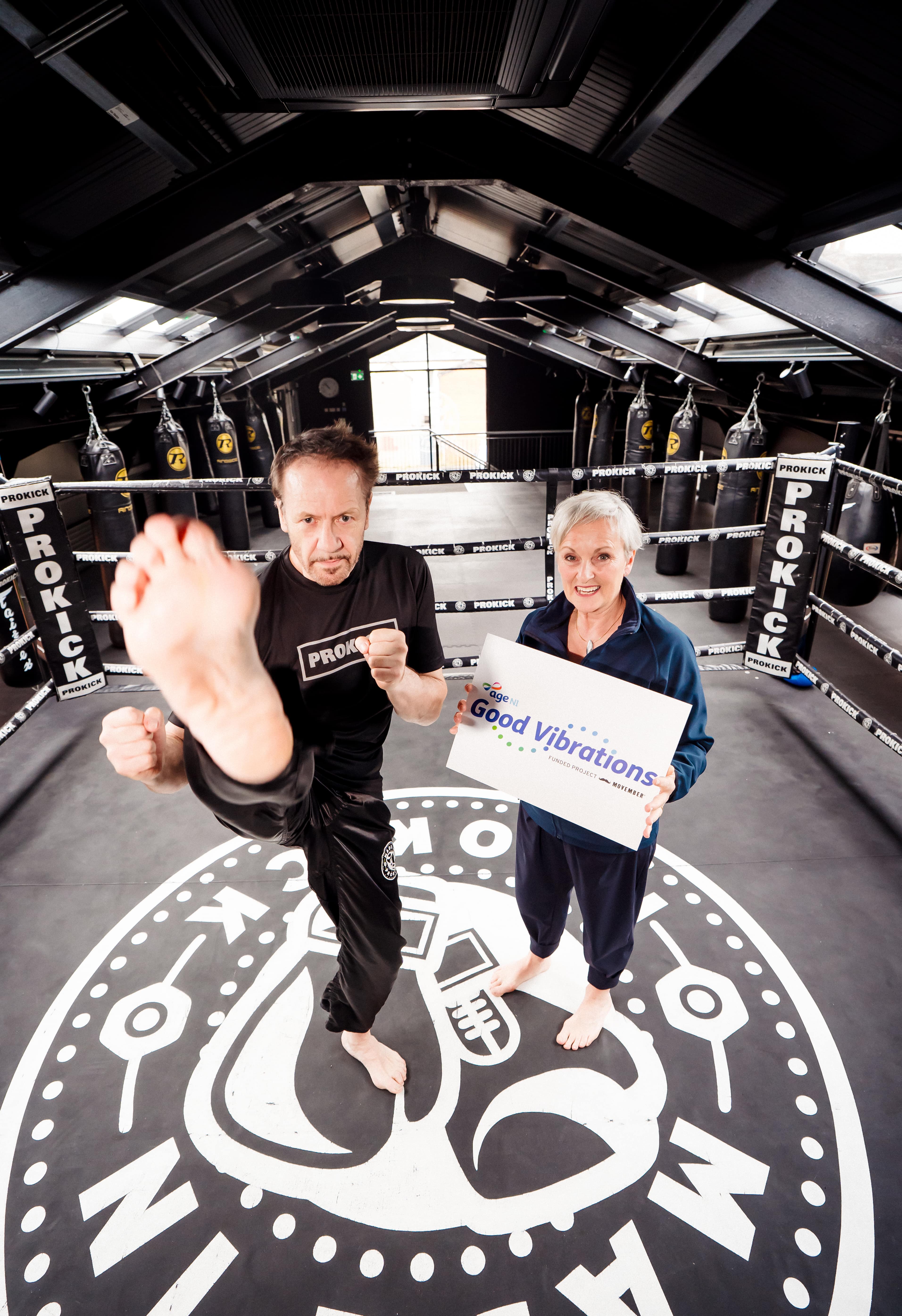 World Kickboxing Champion Billy Murray from Belfast joins Age NI’s Director of Marketing & Business Development, Siobhan Casey, to raise awareness of the charity’s Good Vibrations men’s health programme which aims to improve the health & wellbeing of men 