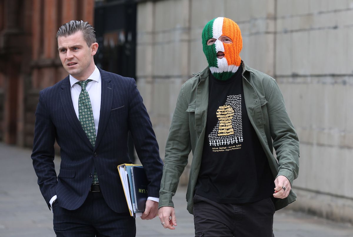 VICTORY: Kneecap\'s DJ Próvaí outside court with his solicitor Darragh Mackin