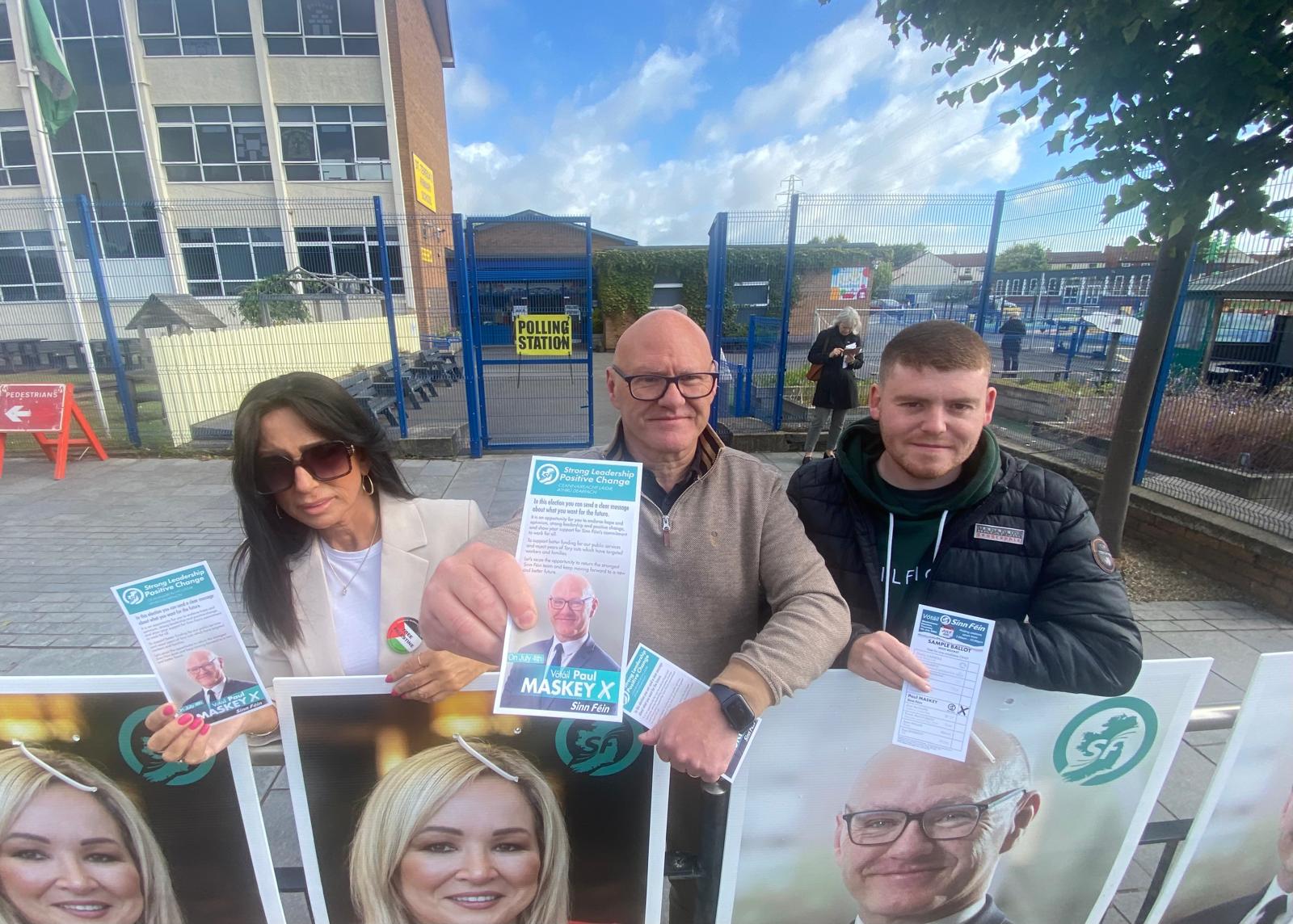 DAY OF RECKONING: West Belfast Sinn Féin candidate Paul Maskey was out early at St Teresa\'s polling station this morning