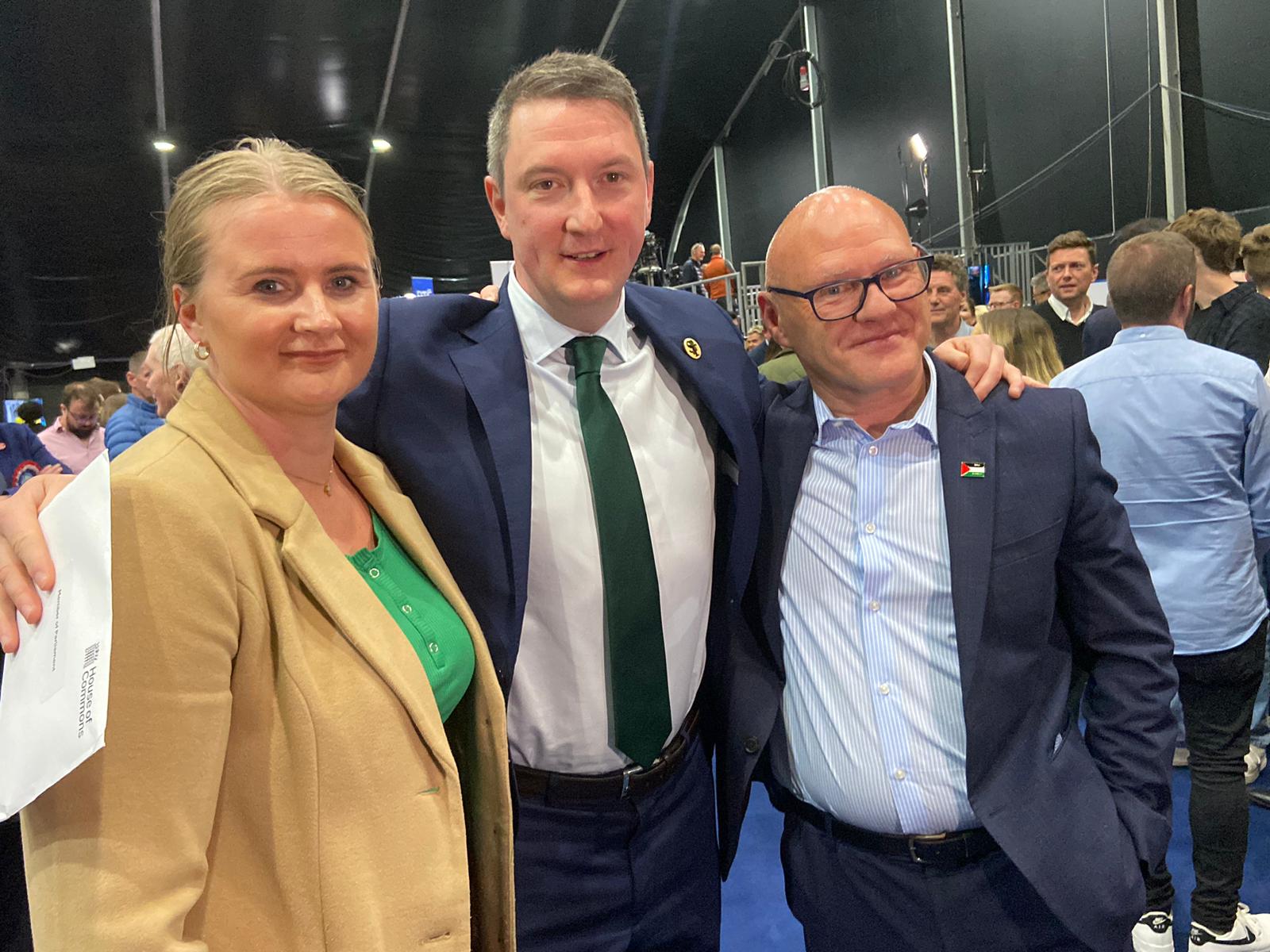 BACK AS MP: A delighted John Finucane with Aisling Reilly MLA and West Belfast MP Paul Maskey