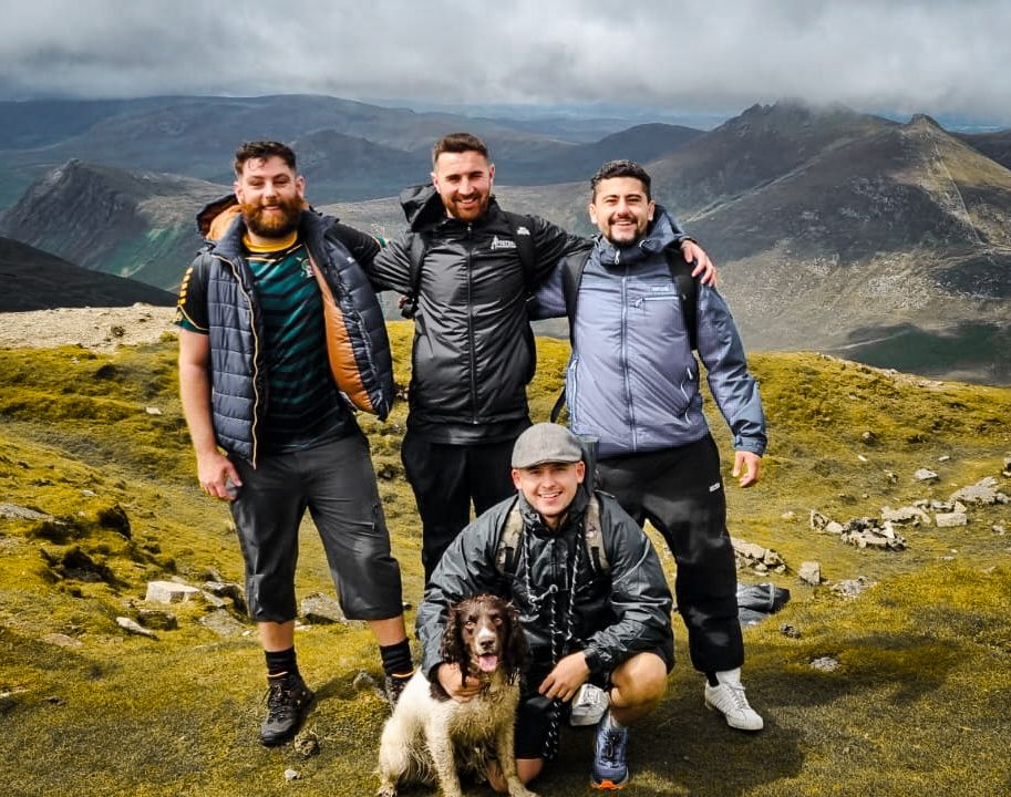 CLIMBING HIGH: Sam Baker, Ryan Adams, James O’Hare and Colm Quinn with Pablo the dog