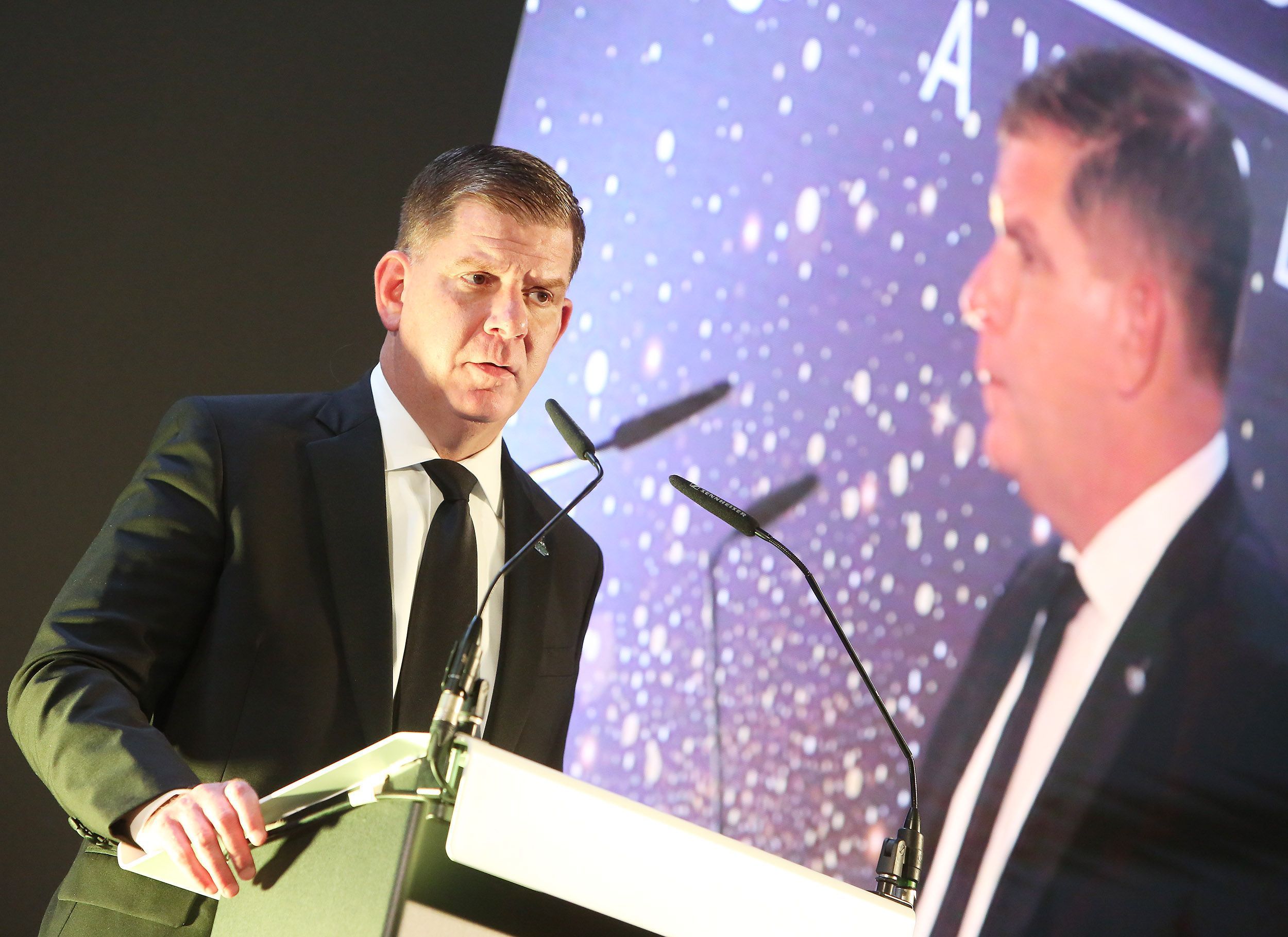 RUNNING MATE: Marty Walsh addressing the 2019 Aisling Awards gala in Belfast