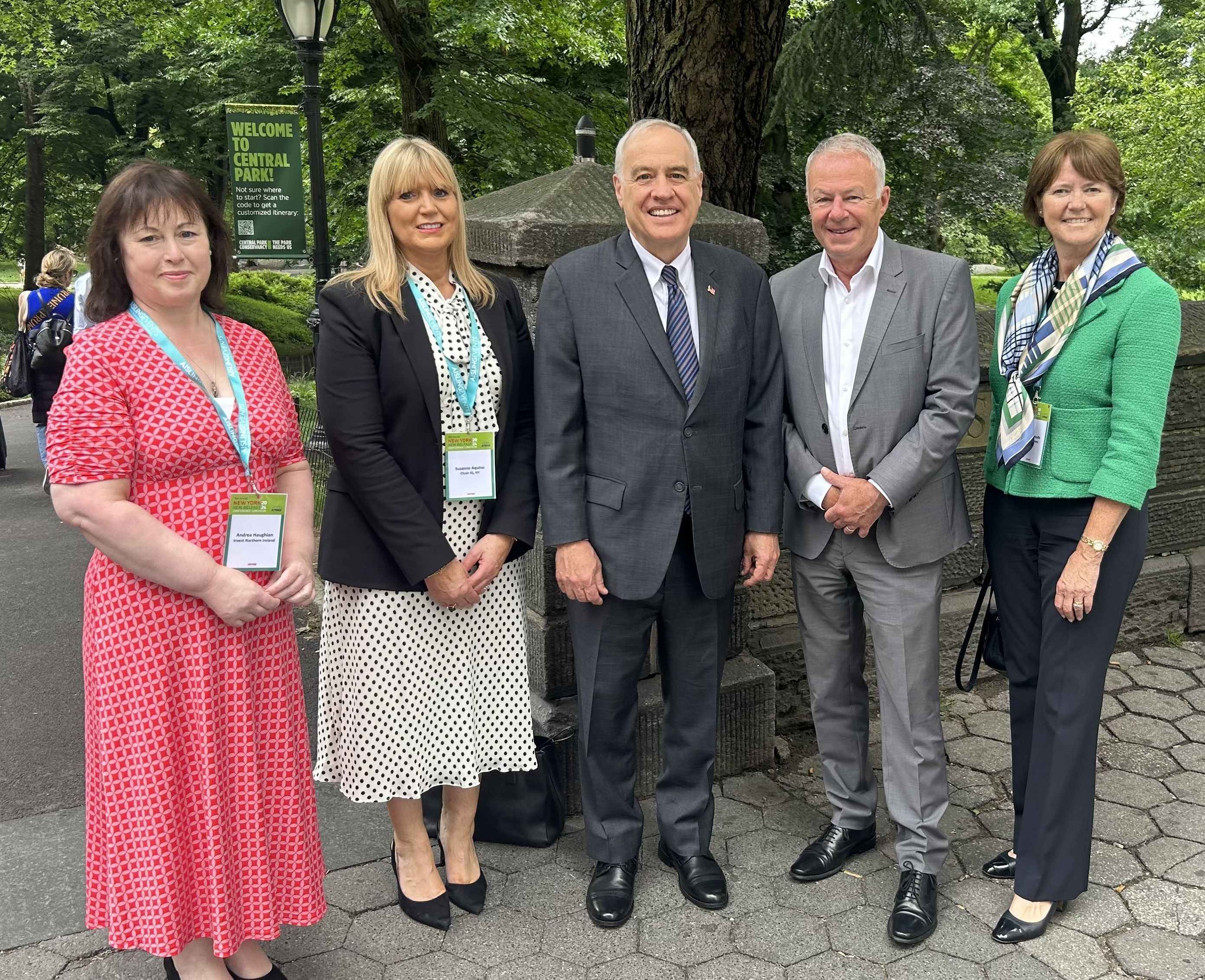 ADDRESS: Tom DiNapoli (center) with Andrea Haughian of Invest NI, Belfast Ambassador Suzanne Aquino, Belfast City Council CEO John Walsh and Alison Metcalfe head of North America for Tourism Ireland at the New York-New Belfast conference this June