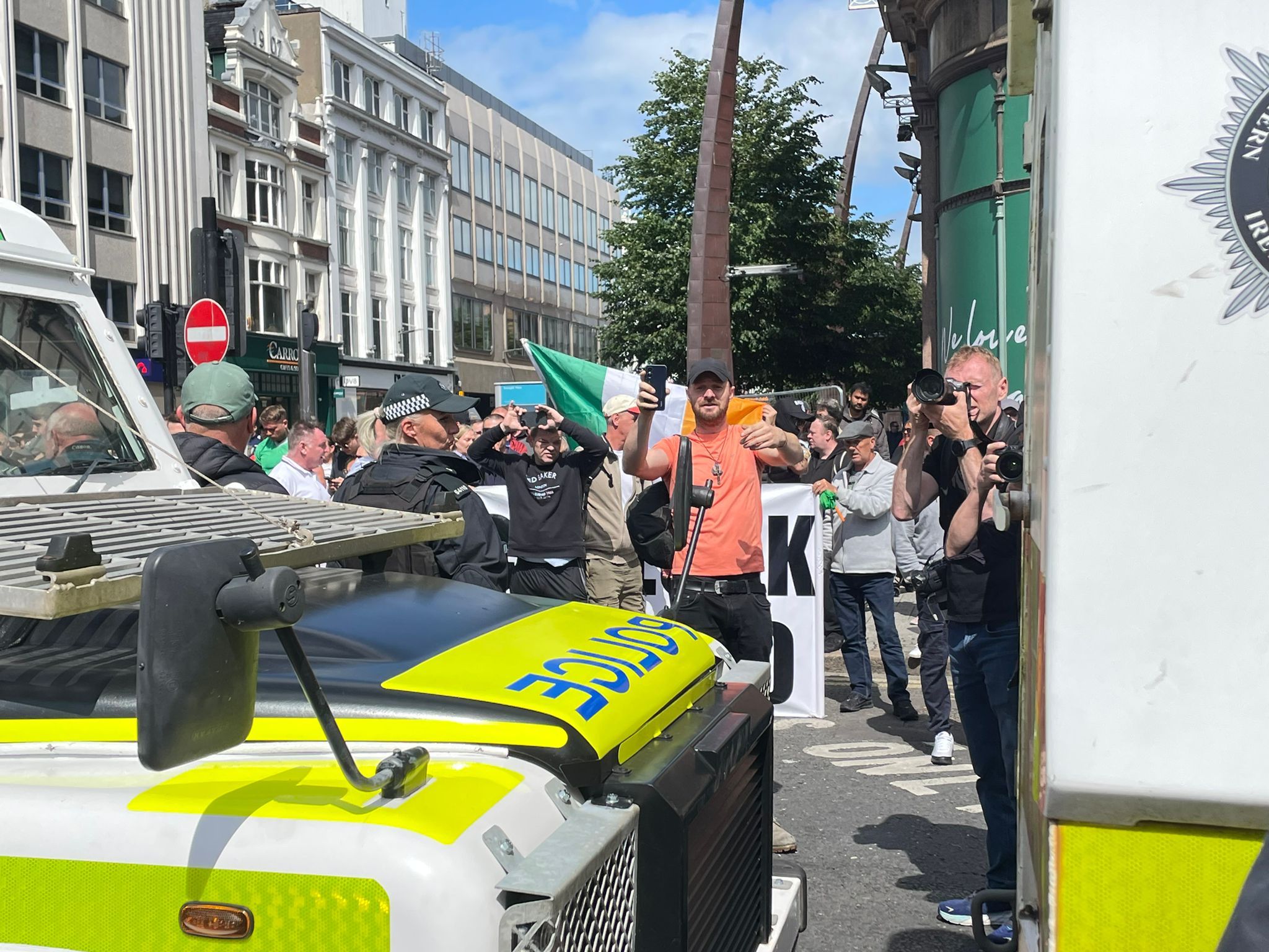 FLASHPOINT: A tricolour flying at an \'anti-immigration\' gathering organised by loyalists in Belfast on Saturday