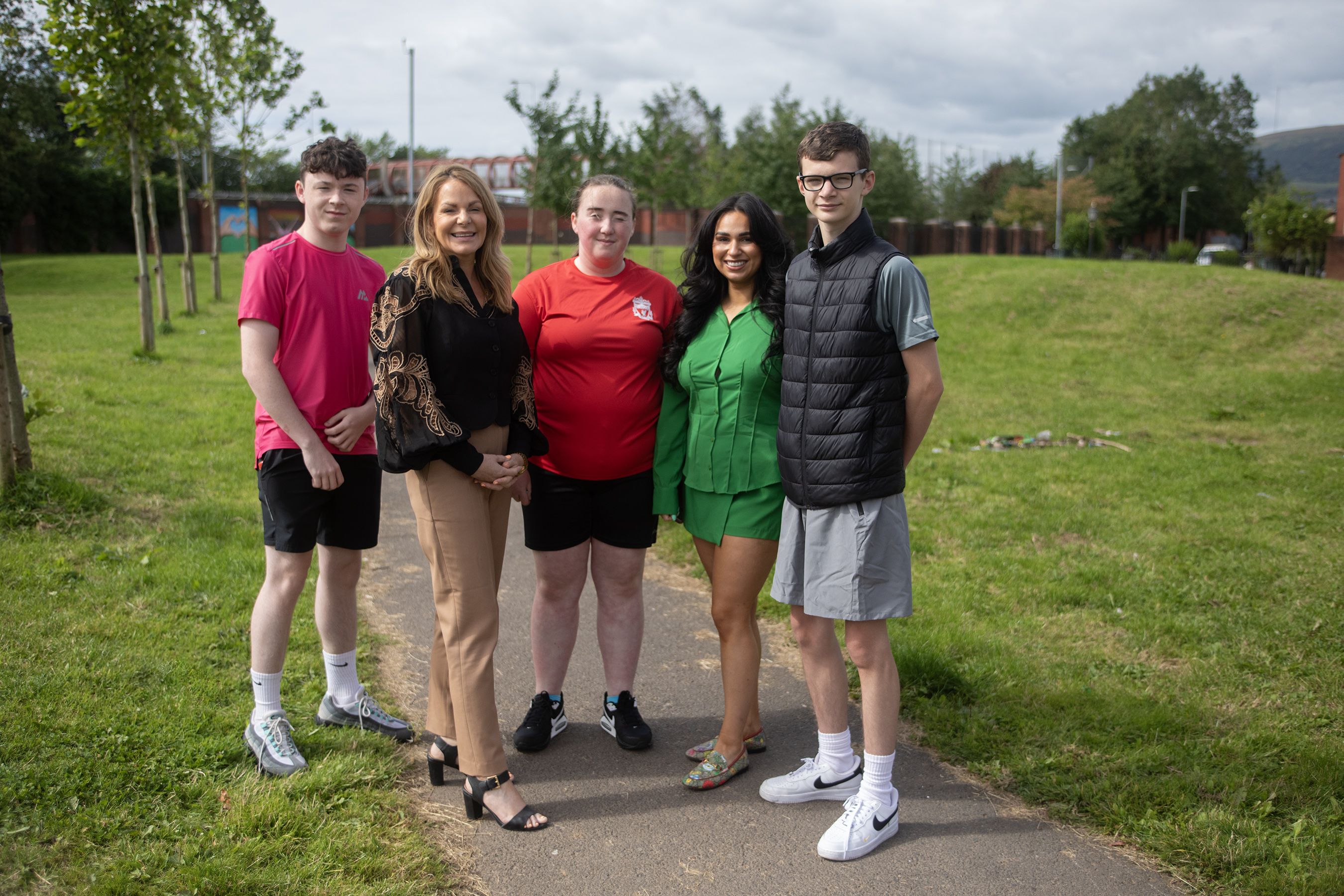 WELCOME: Councillor Tina Black, Rachael Black (Grosvenor Community Centre) with local children Colm Townsend, Kady Holland and James Lowe at the land