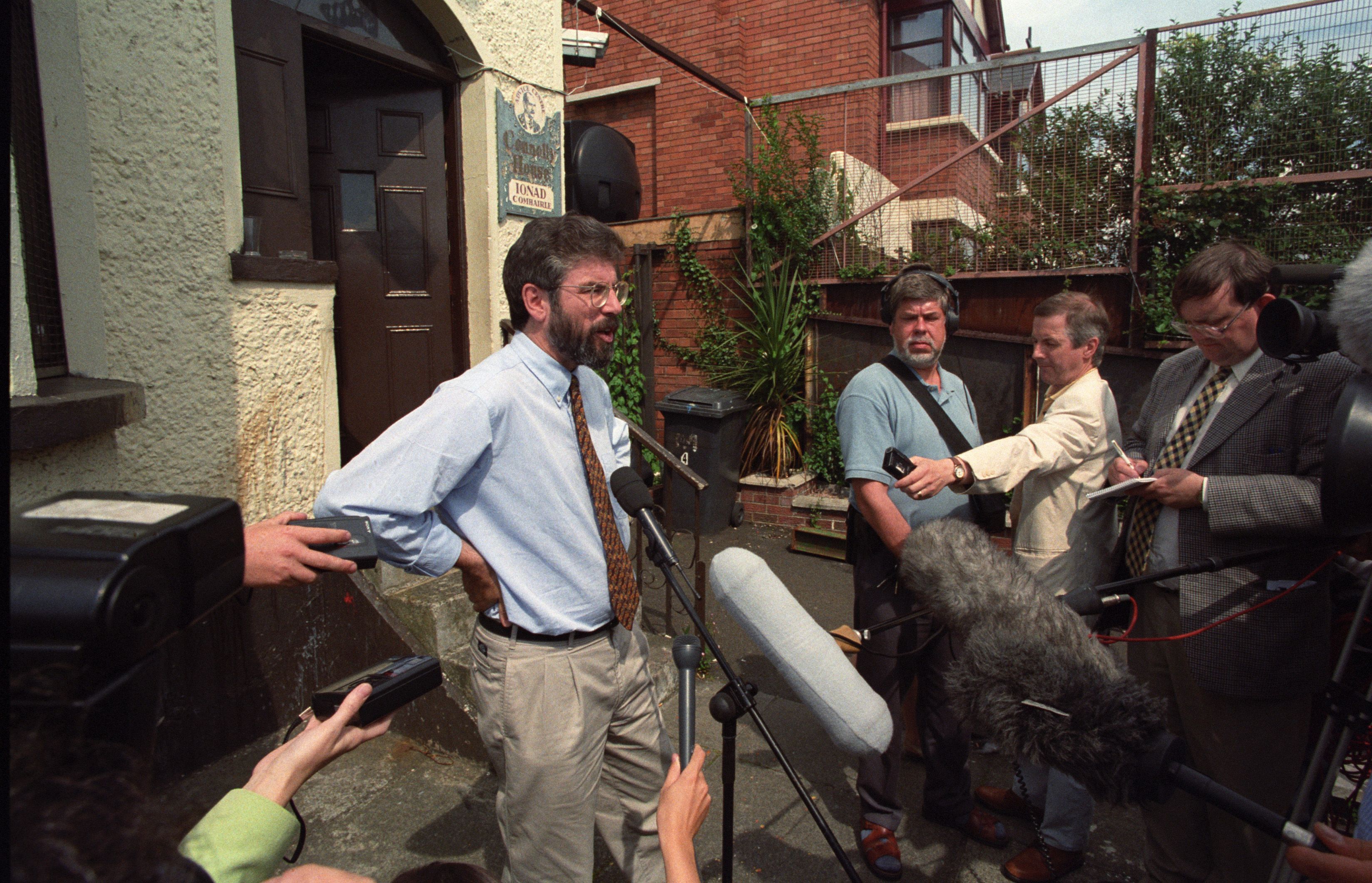 ROAD TO PEACE: Gerry Adams addresses the media at Connolly House, Andersonstown SF headquarters, in 1997 after meeting Irish American leaders as part of efforts to have the IRA ceasefire of 1994 restored