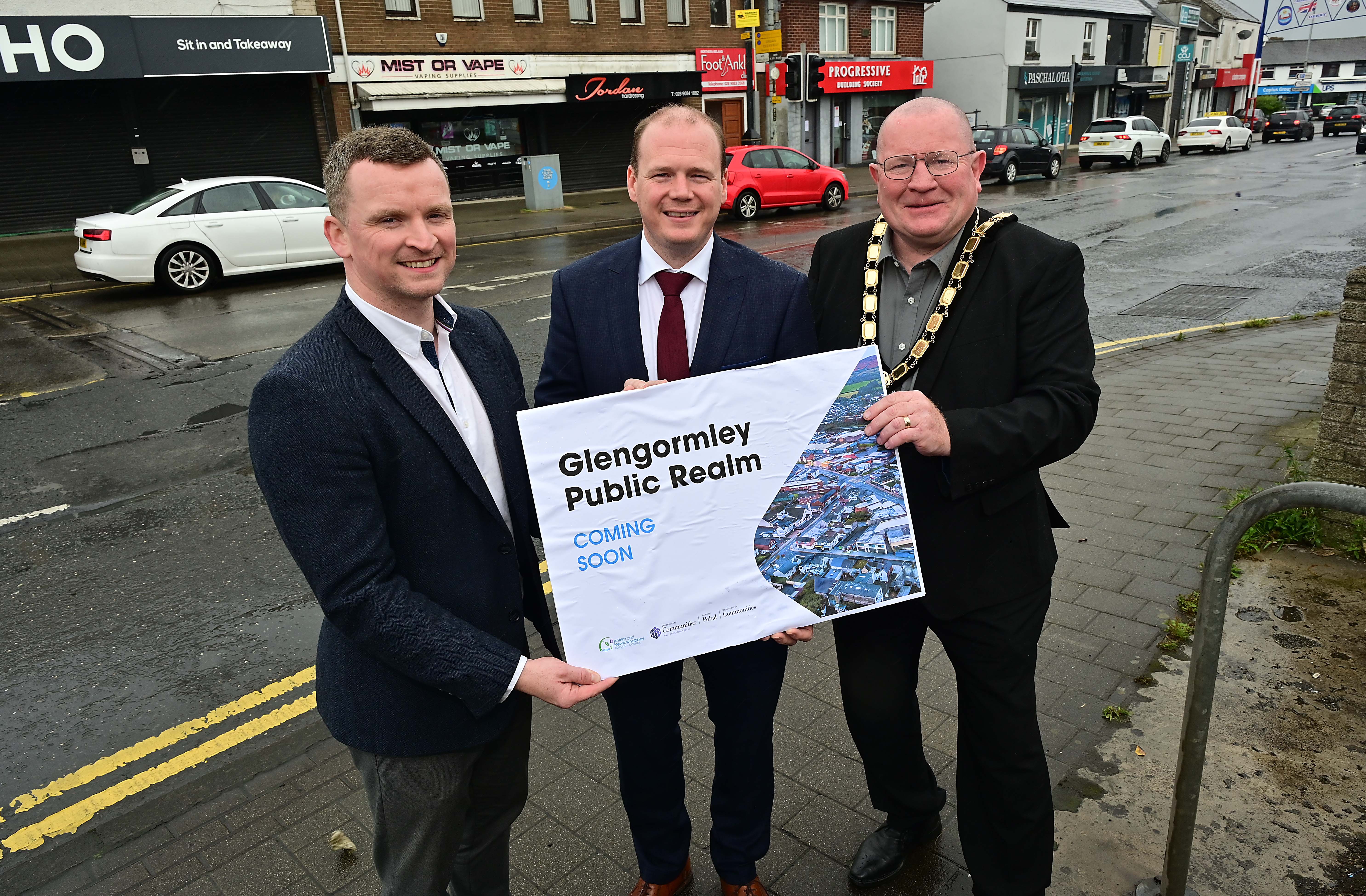 Communities Minister Lyons with Michael McKenna (Deputy Director of Investment and Business Development, Antrim & Newtownabbey Borough Council) and Councillor Neil Kelly, Mayor of Antrim & Newtownabbey Borough Council