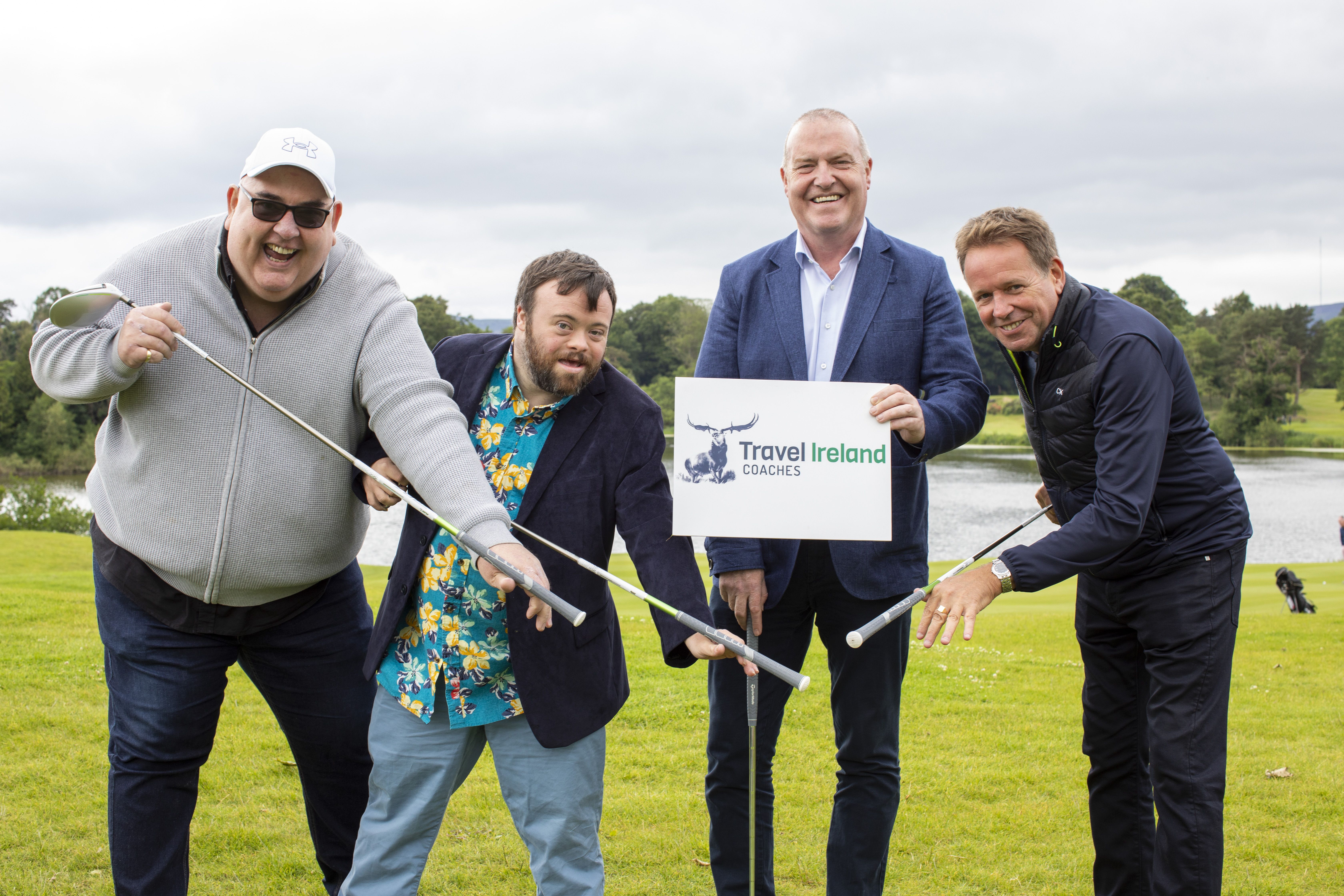 Joe Swail demonstrates a tricky technique of putting at an angle with the handle end of a golf club. Joe\'s putting tip is watched in bemusement by music ace James Peake, Oscar winner James Martin and Travel Ireland Coaches Director, Paul Cunningham