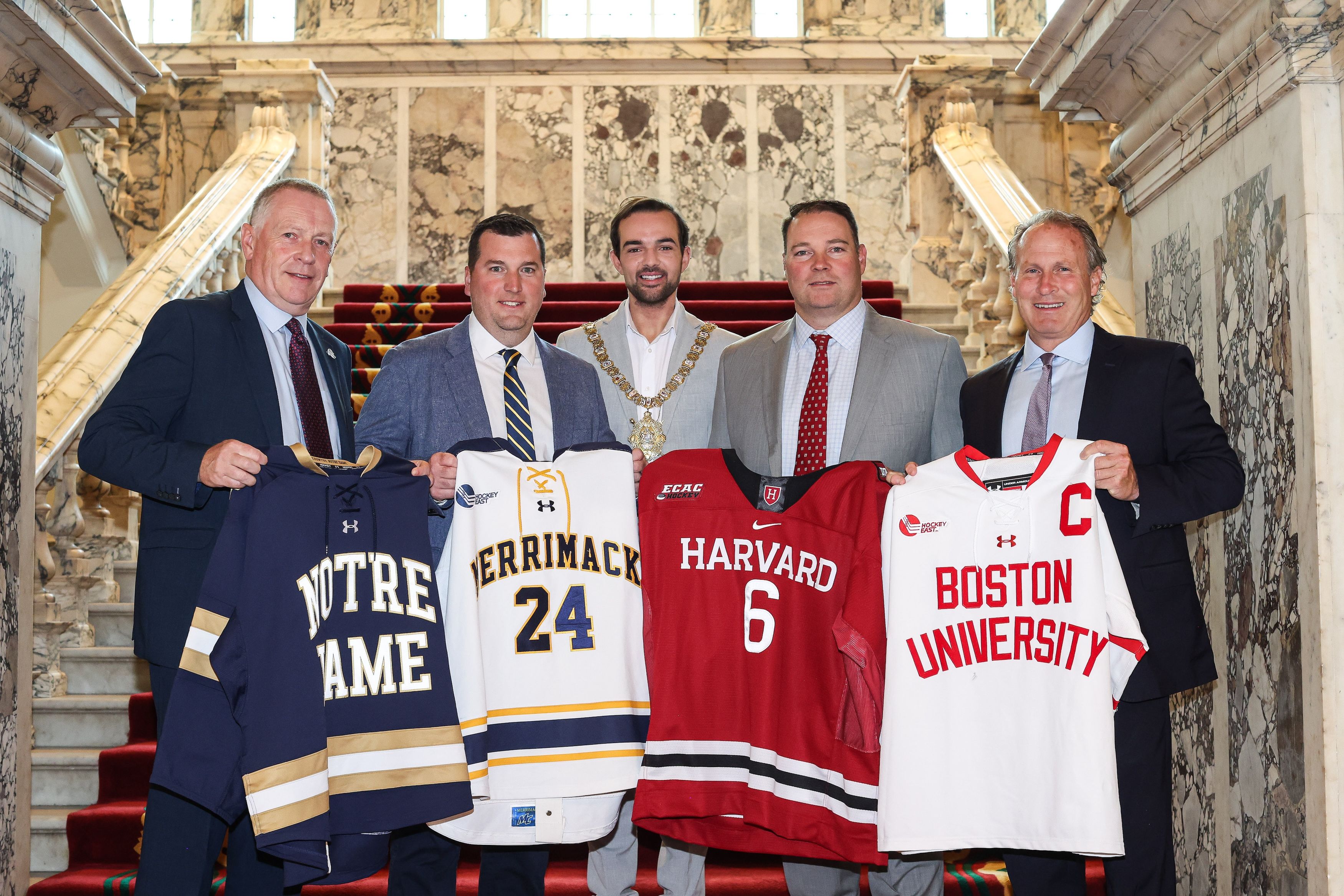 Martin McDowell, Odyssey Trust; Ciaran Cullen, Merrimack College; Councillor Micky Murray, Lord Mayor of Belfast; Timothy Troville, Harvard University; Drew Marrochello, Boston University