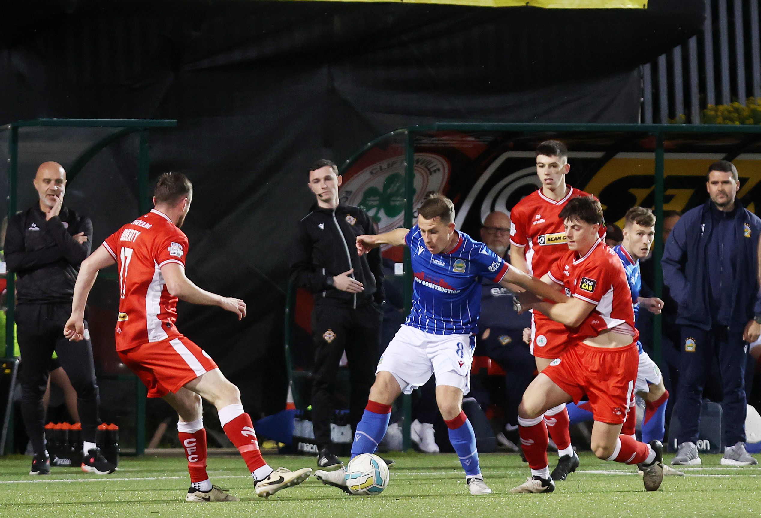 Axel Piesold challenges Linfield\'s Kyle McClean at Solitude on Tuesday 