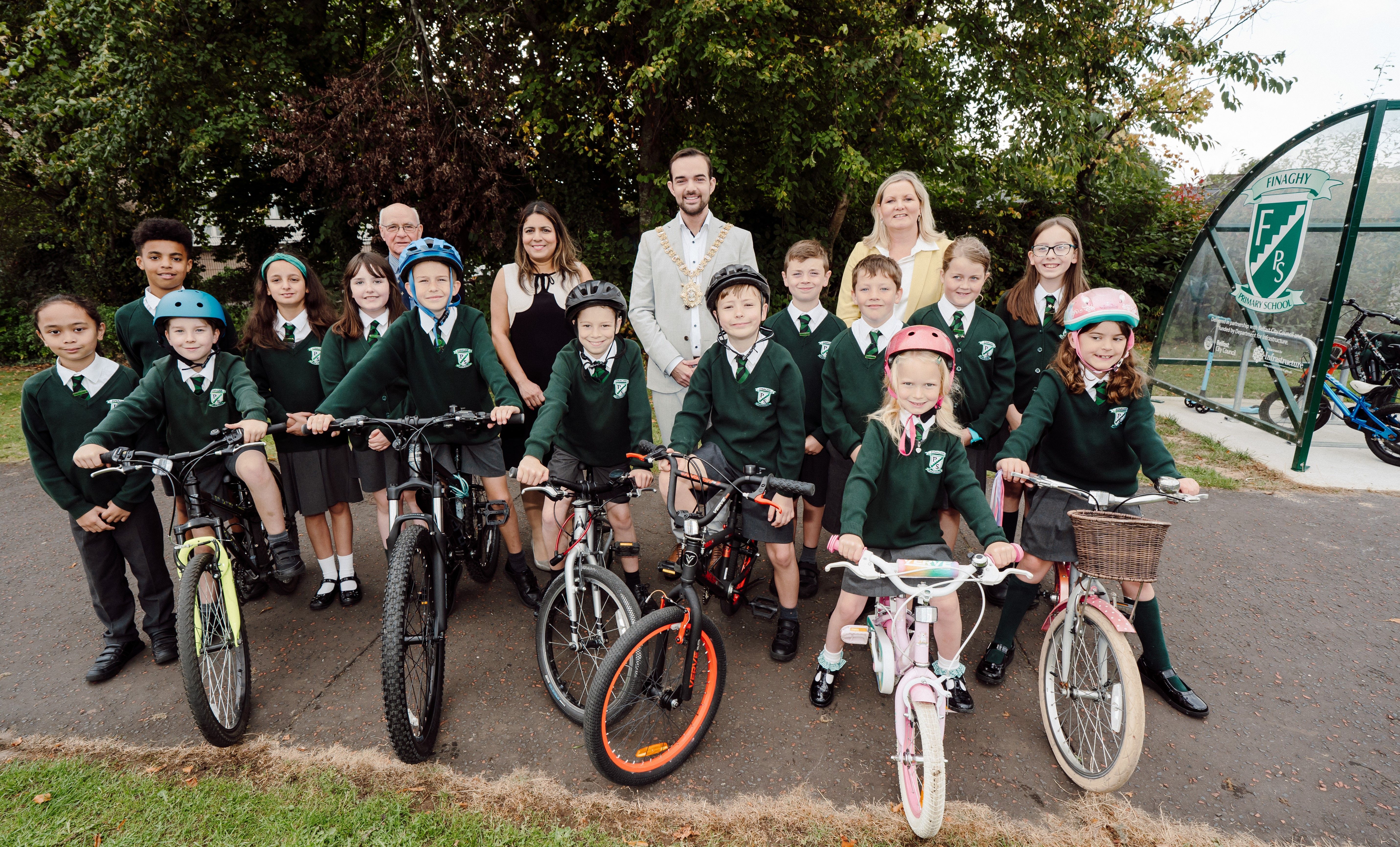 ACTIVE TRAVEL: Lord Mayor Councillor Micky Murray with pupils from Finaghy Primary School