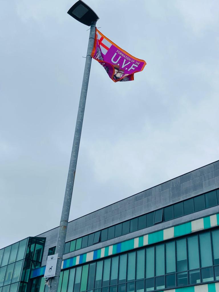 SINISTER: UVF flags were erected outside Windsor Park in 2023