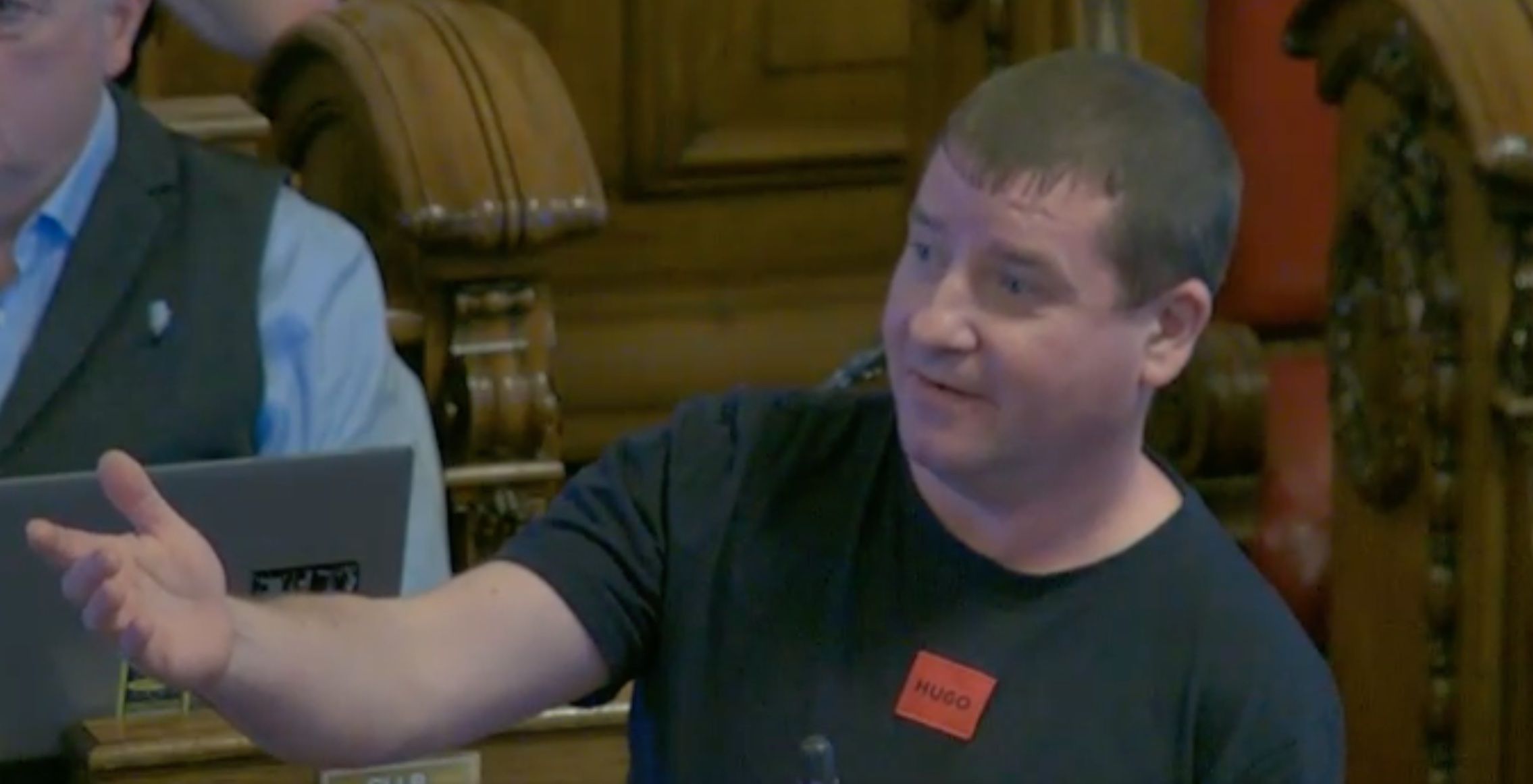 ANGER: Sinn Féin councillor Ciarán Beattie speaking in the chamber on Thursday night