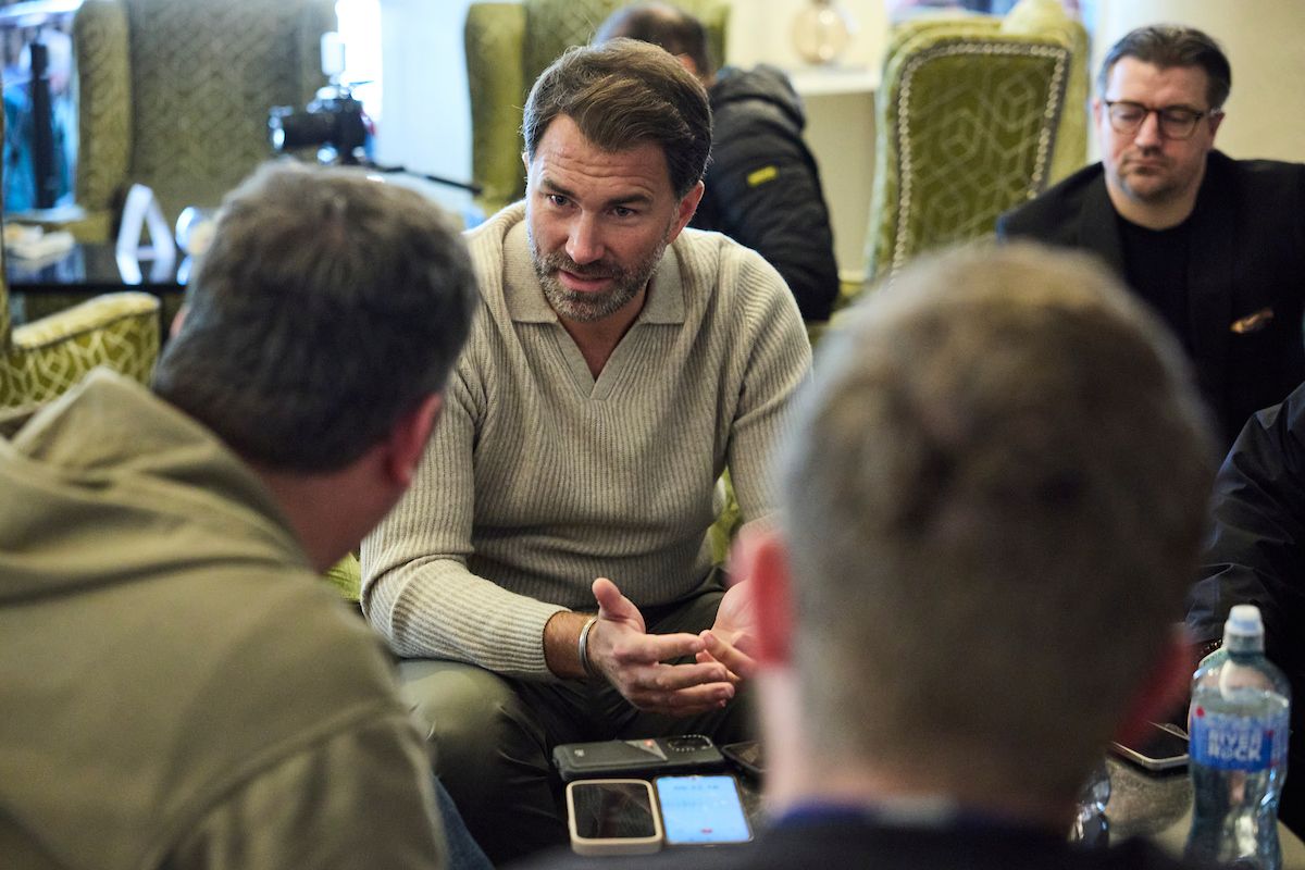 Eddie Hearn speaking to the media at the Europa Hotel on Wednesday 