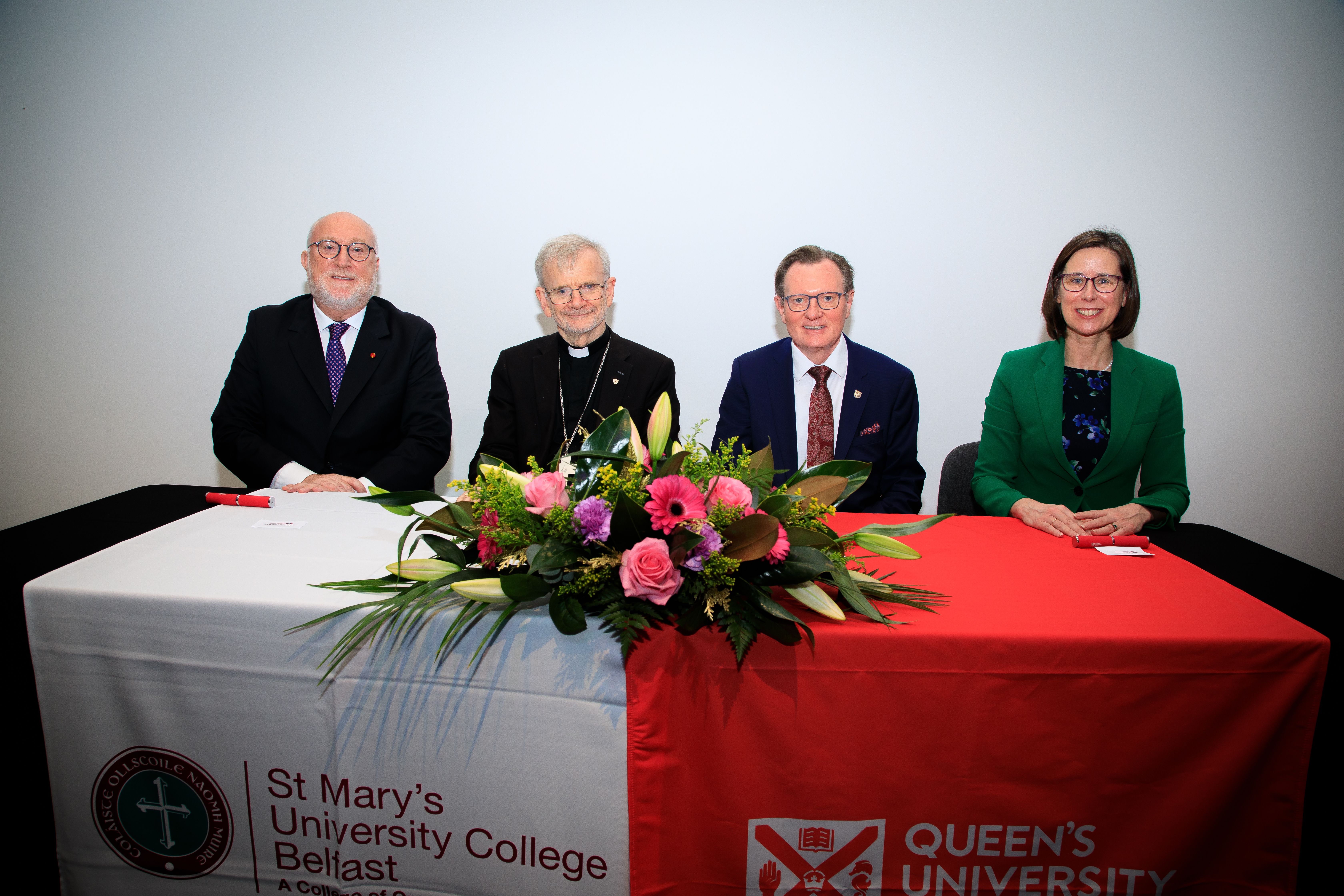 COLLABORATION: St Mary\'s University College Principal Professor Peter Finn, Most Reverand Alan McGuckian, Queen\'s Vice-Chancellor Professor Sir Ian Greer and Queen\'s Professor Judy Williams sign the partnership agreement