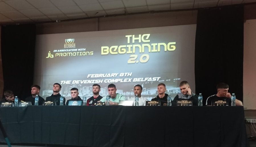 Promoter Jay Byrne with a number of the fighters who will appear at The Devenish on February 8 at Saturday\'s press conference in the Finaghy venue 