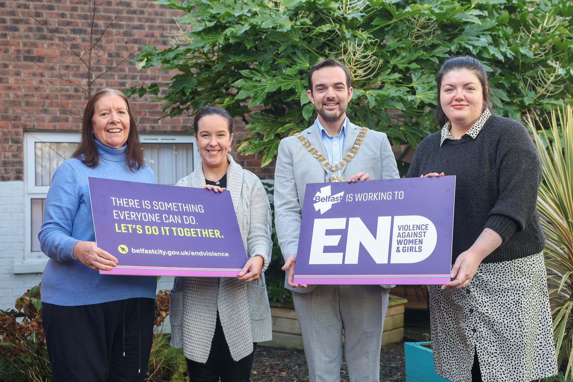 LAUNCH: Noelle Collins, Sarah Bruce and Karen Devlin from Belfast and Lisburn Women’s Aid join Lord Mayor of Belfast, Councillor Micky Murray