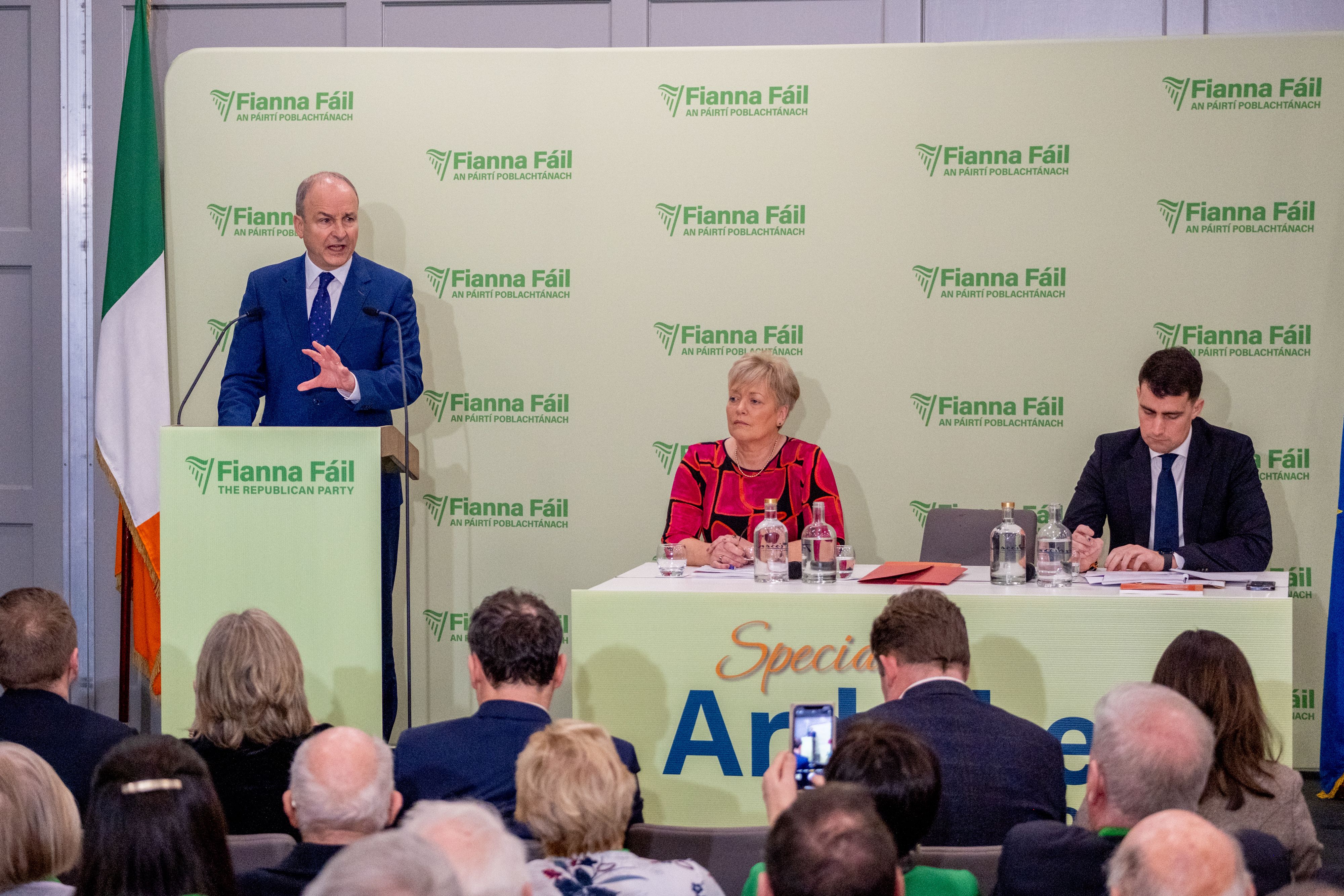 HARD SELL: Micheál Martin TD on-stage at a Fianna Fáil Special Ard Fheis presenting the draft Programme for Government to TDs