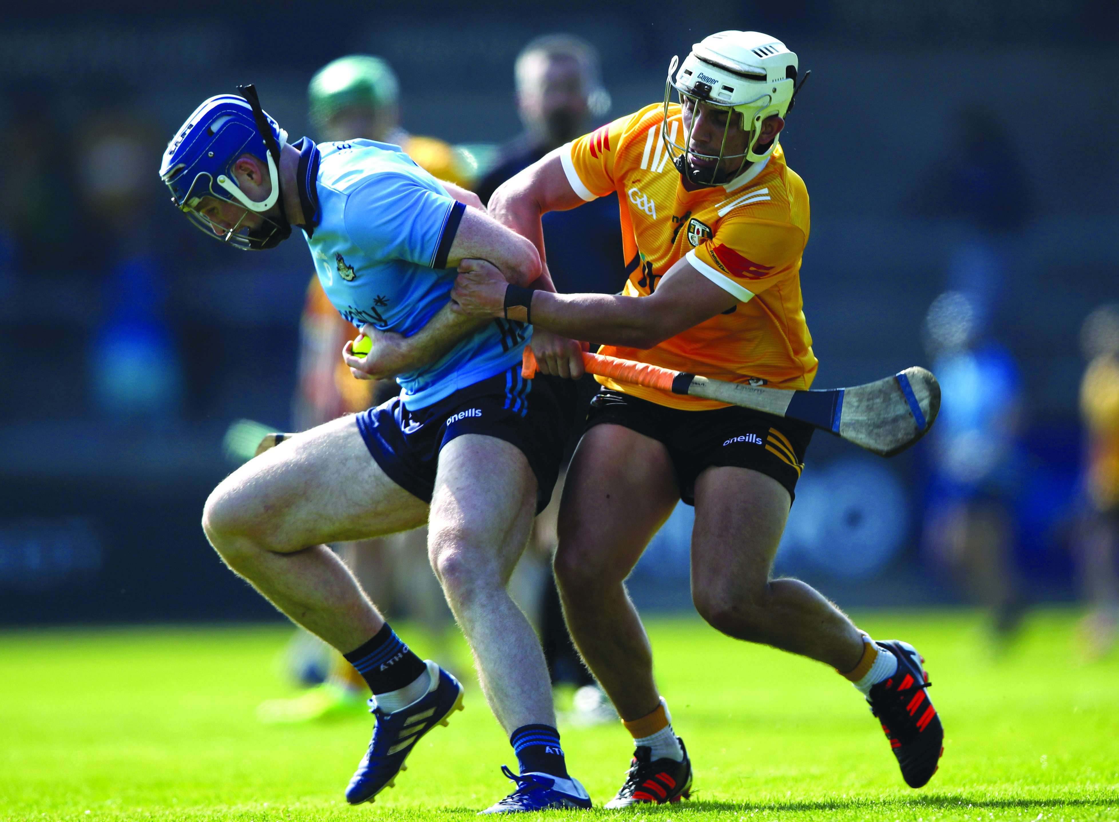 Seaan Elliott, pictured challenging Conor Burke during Antrim’s defeat to Dublin in last year’s Leinster Championship, it one of several who are working their way back to full fitness ahead of the League opener at Croke Park on Saturday