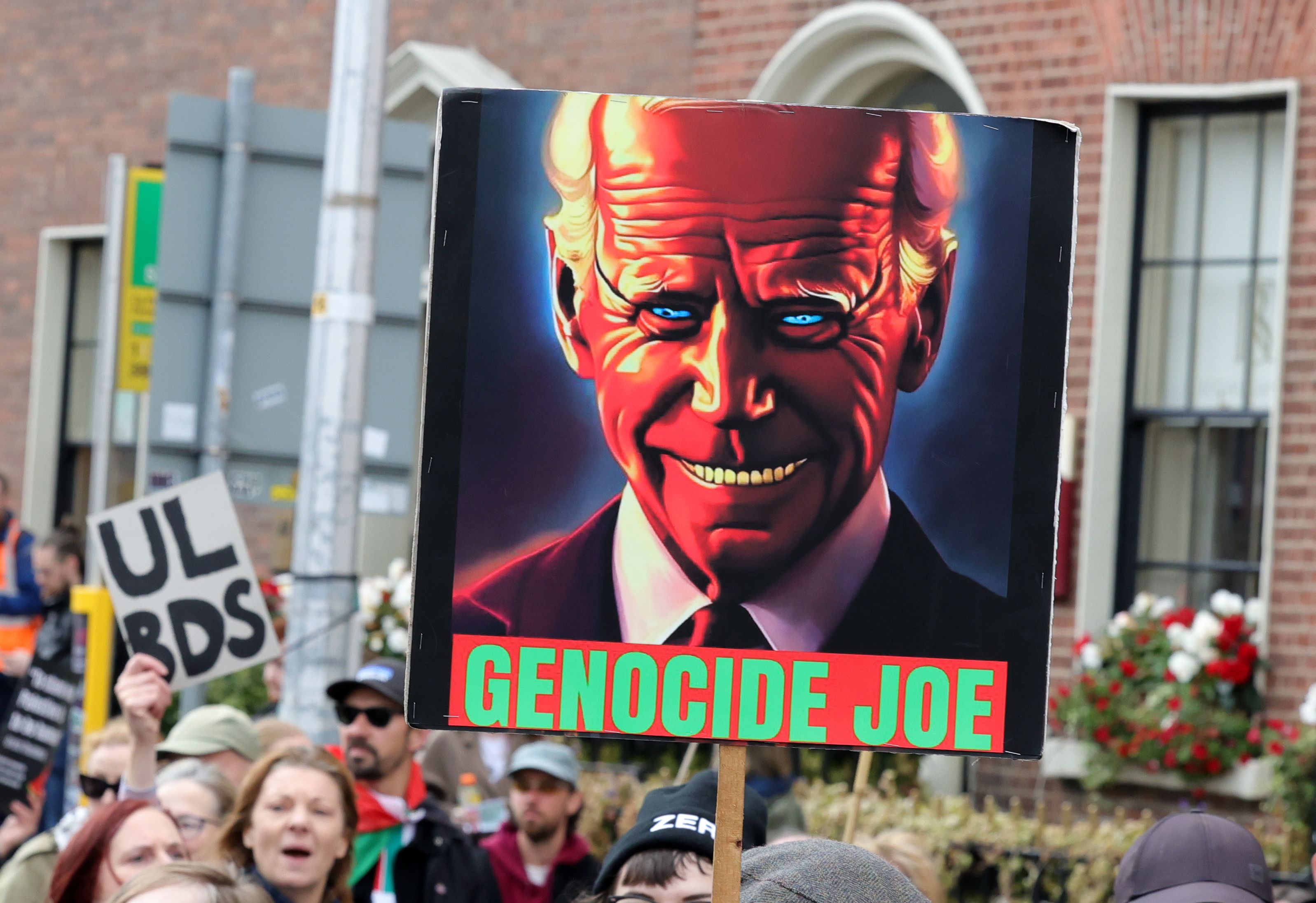 ANGER: At a ceasefire demo in Dublin protestors’ thoughts about Joe Biden are made clear 