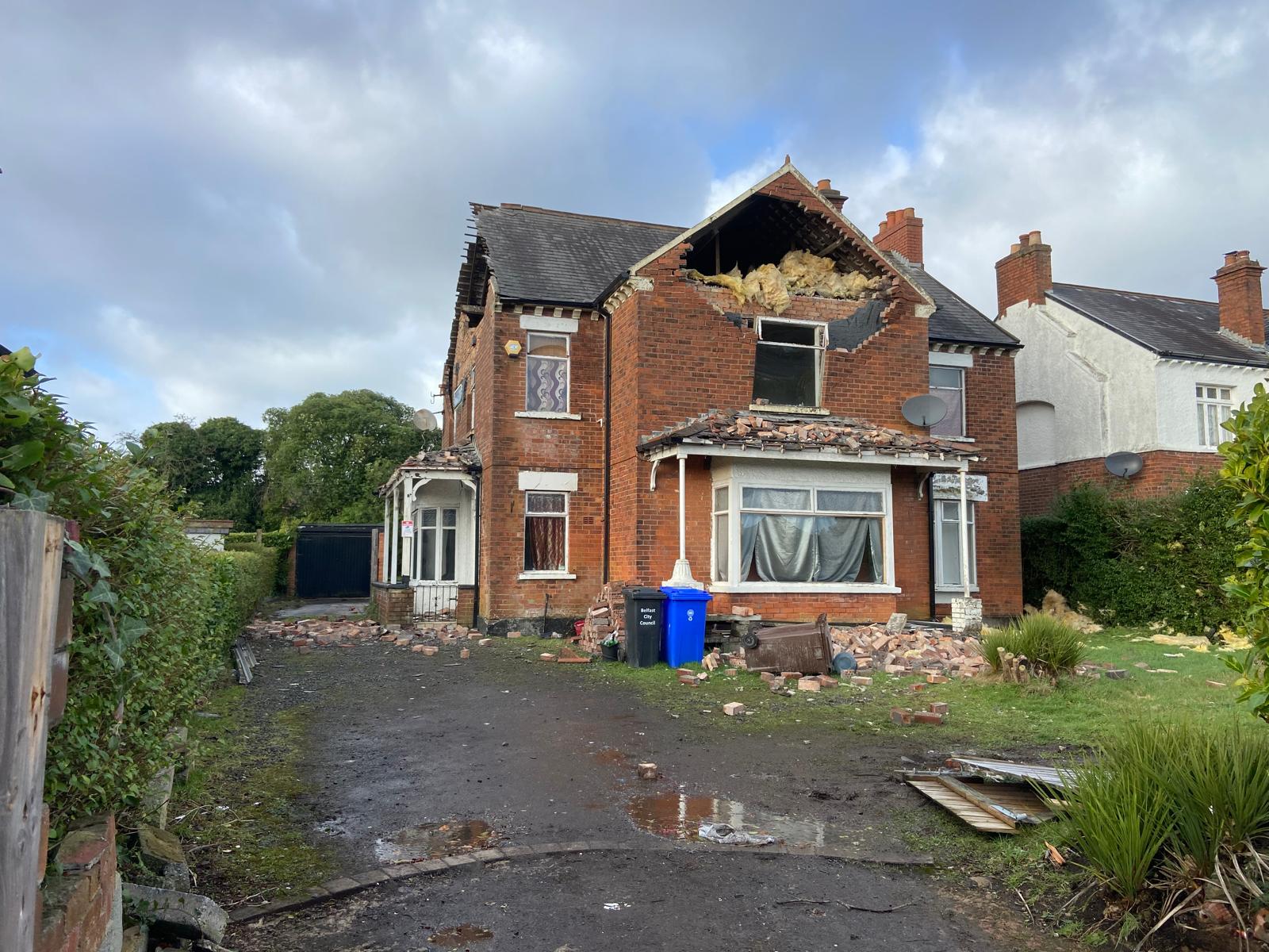 Severe damage to a house on the Antrim Road in North Belfast