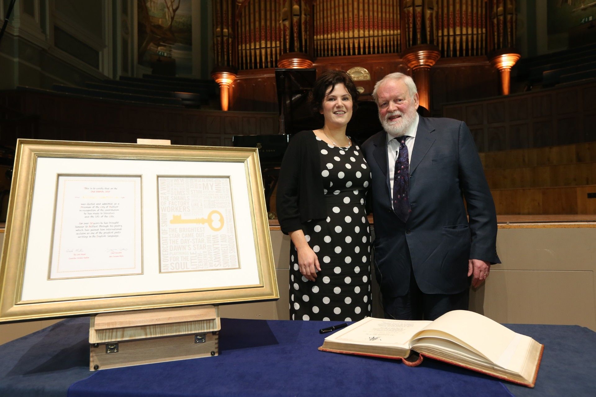 TRIBUTES: Claire Hanna MP with Michael Longley when he received the Freedom of Belfast in 2015