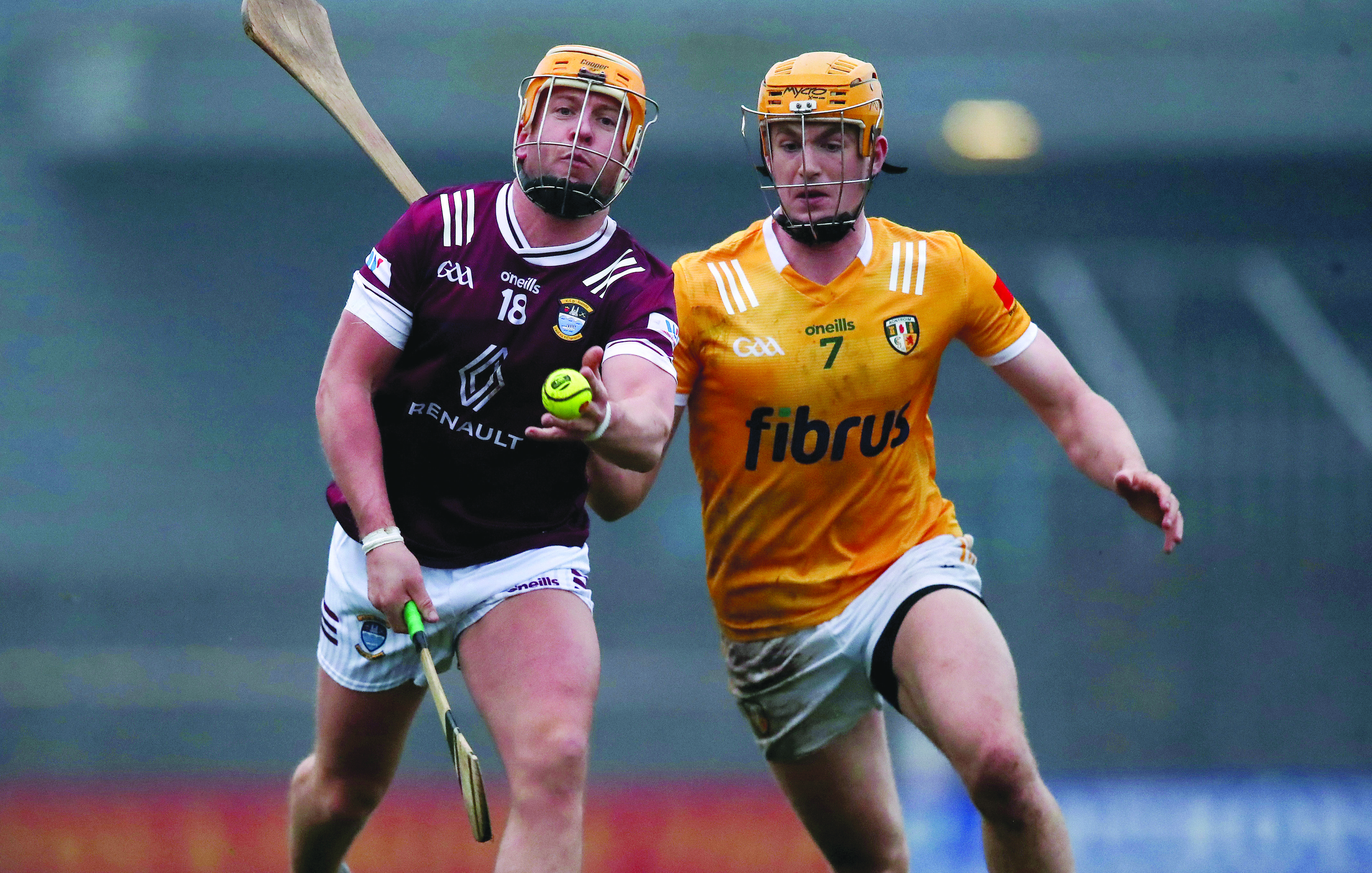 Niall O’Connor challenges Davy Glennon during Antrim’s defeat to Westmeath in Mullingar last year