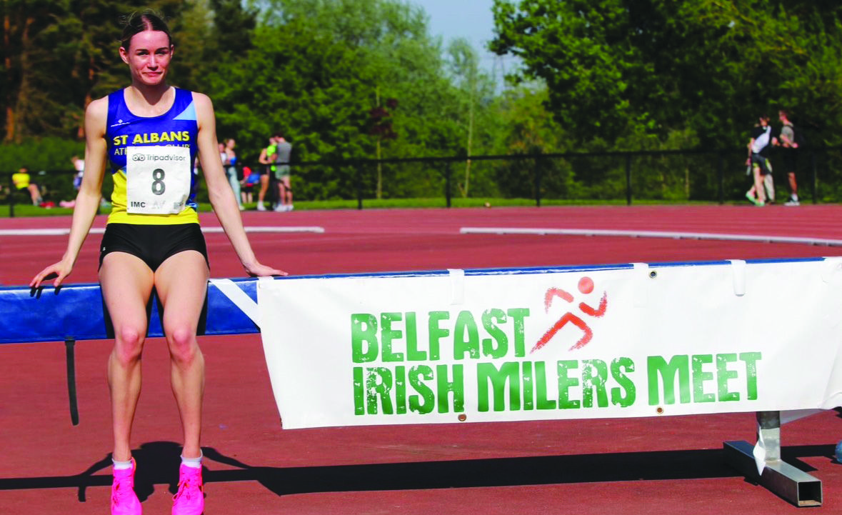 Olympian Phoebe Gill Pictured after breaking the 45-year-old European U18 800m record at the 2024 Belfast Irish Milers Meet