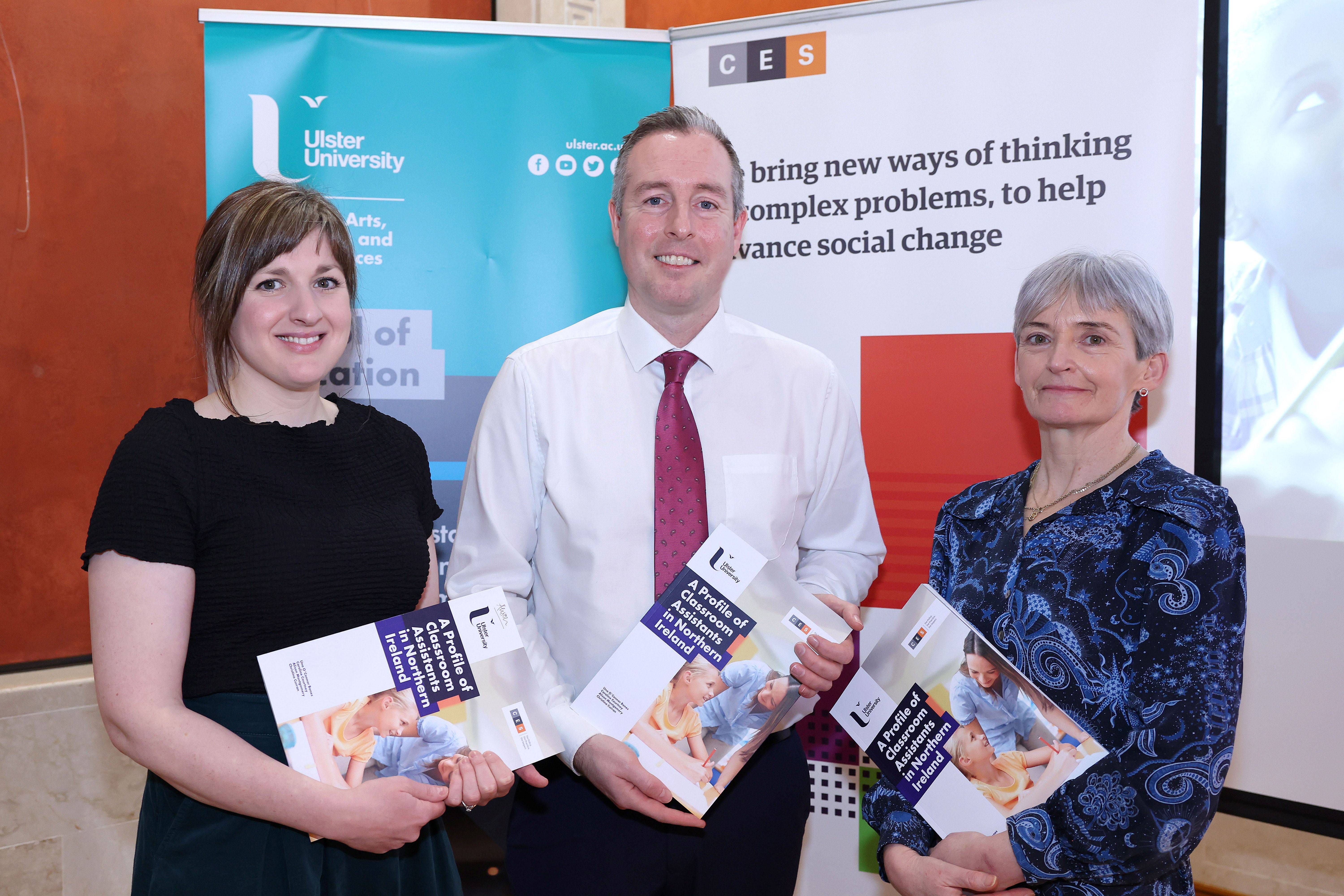 RECOGNITION: Two of the report authors Caroline Courtney (left), Una O’Connor Bones with Education Minister Paul Givan